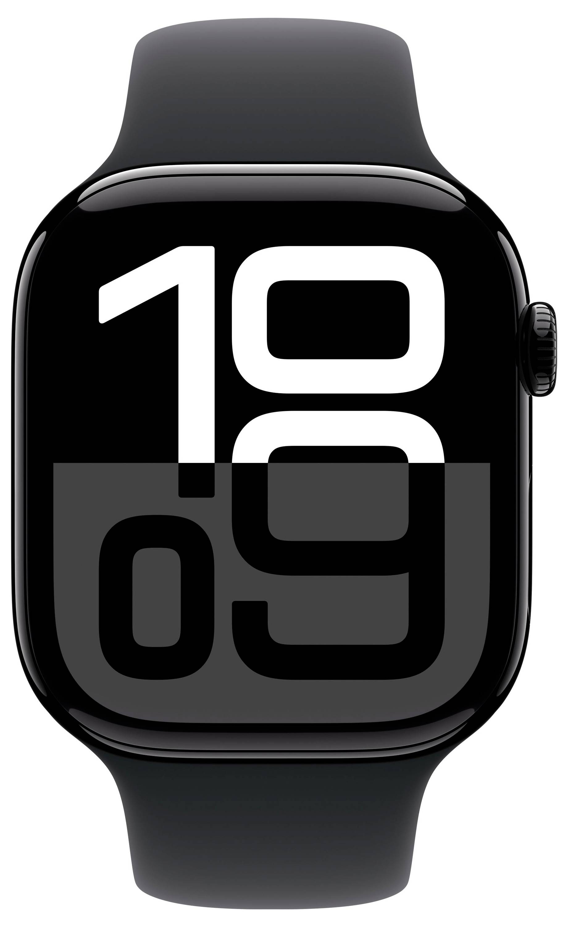 Schwarze Smartwatch mit digitaler Anzeige zeigt die Uhrzeit '10:09'. Schlichtes, modernes Design, rechteckiges Display.