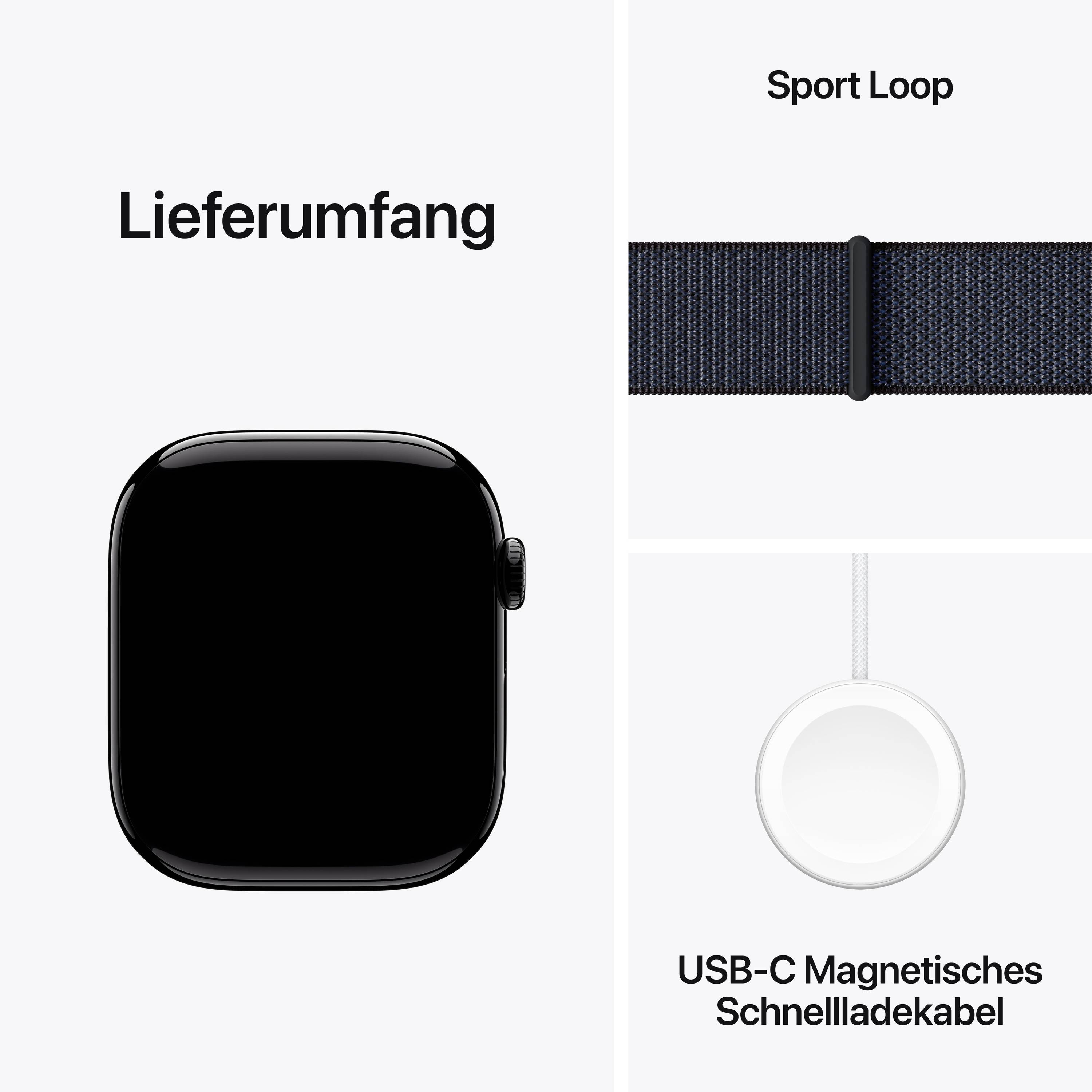 'Lieferumfang': Abbildung zeigt eine Smartwatch, ein Sport Loop Armband und ein USB-C Magnetisches Schnellladekabel.
