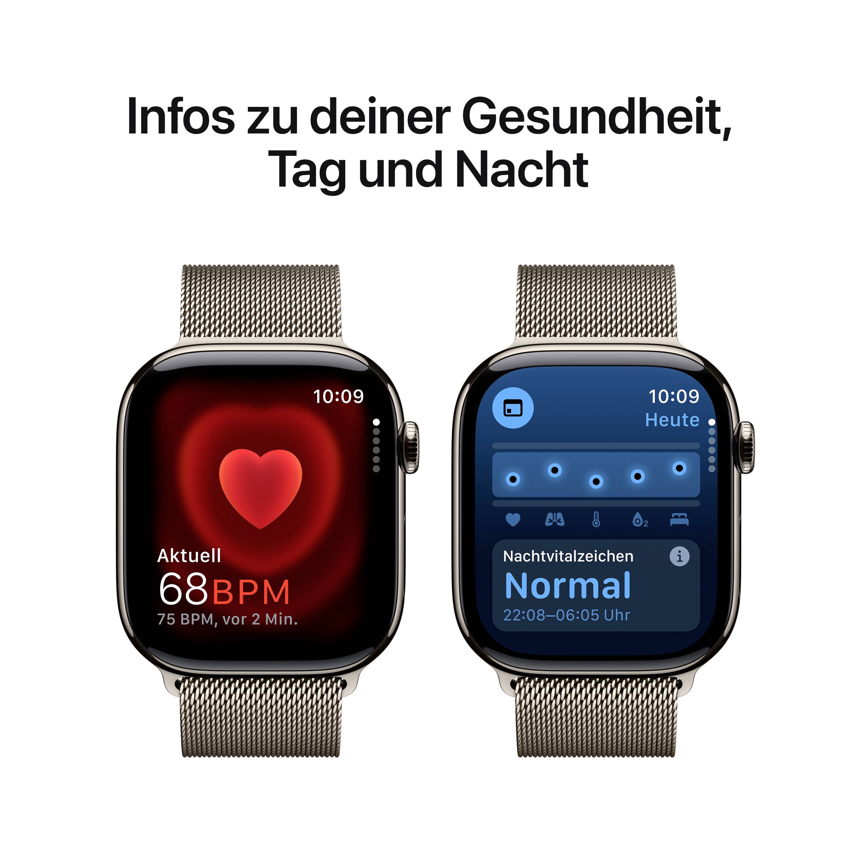 Zwei Smartwatches zeigen Gesundheitsdaten: Herzfrequenz 68 BPM links, Nachtvitalzeichen normal rechts. Text oben: 'Infos zu deiner Gesundheit, Tag und Nacht'.
