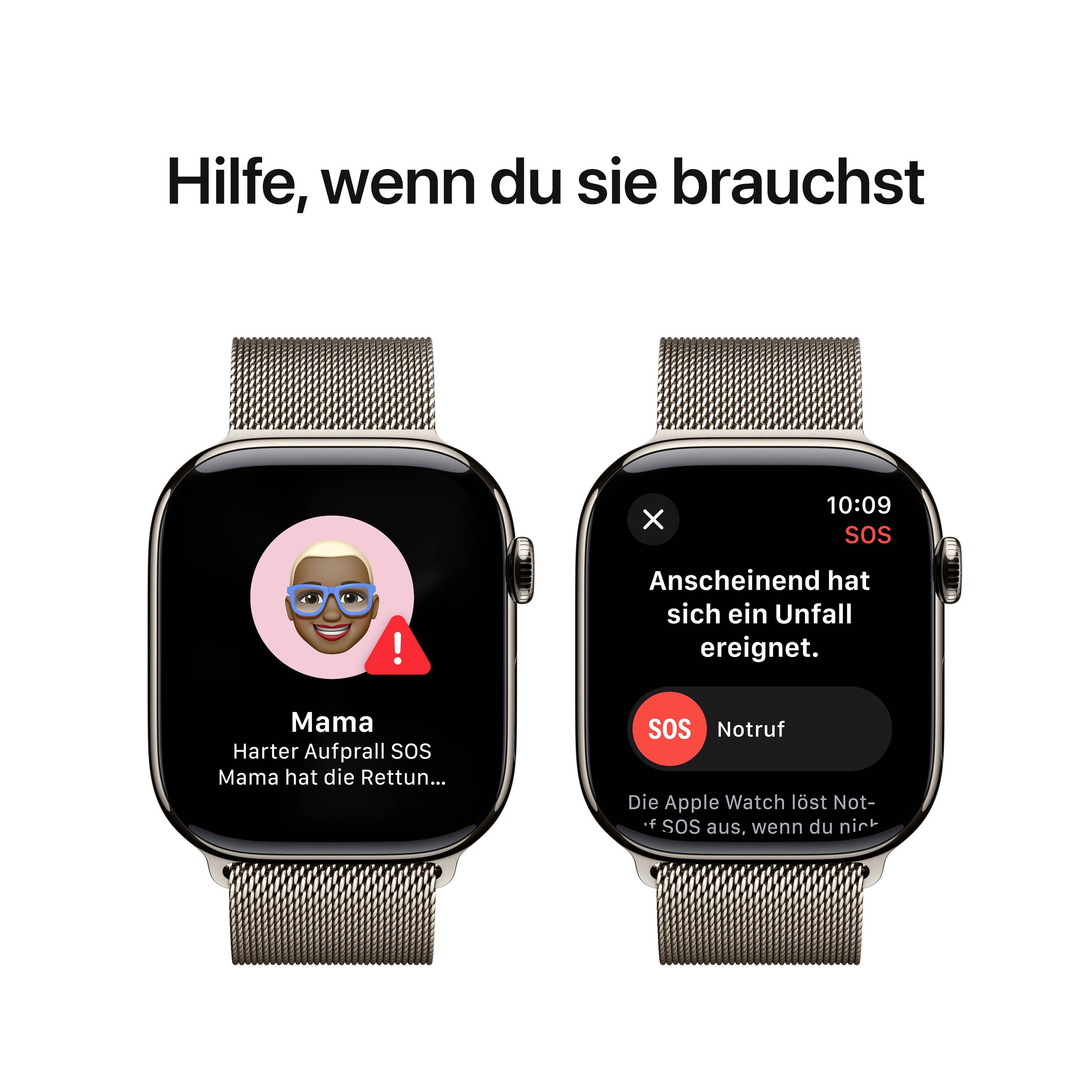 Zwei Smartwatches zeigen einen Notrufbildschirm an. Links: Kontakt mit Text 'Mama'. Rechts: Nachricht 'Unfall erkannt. SOS Notruf'.