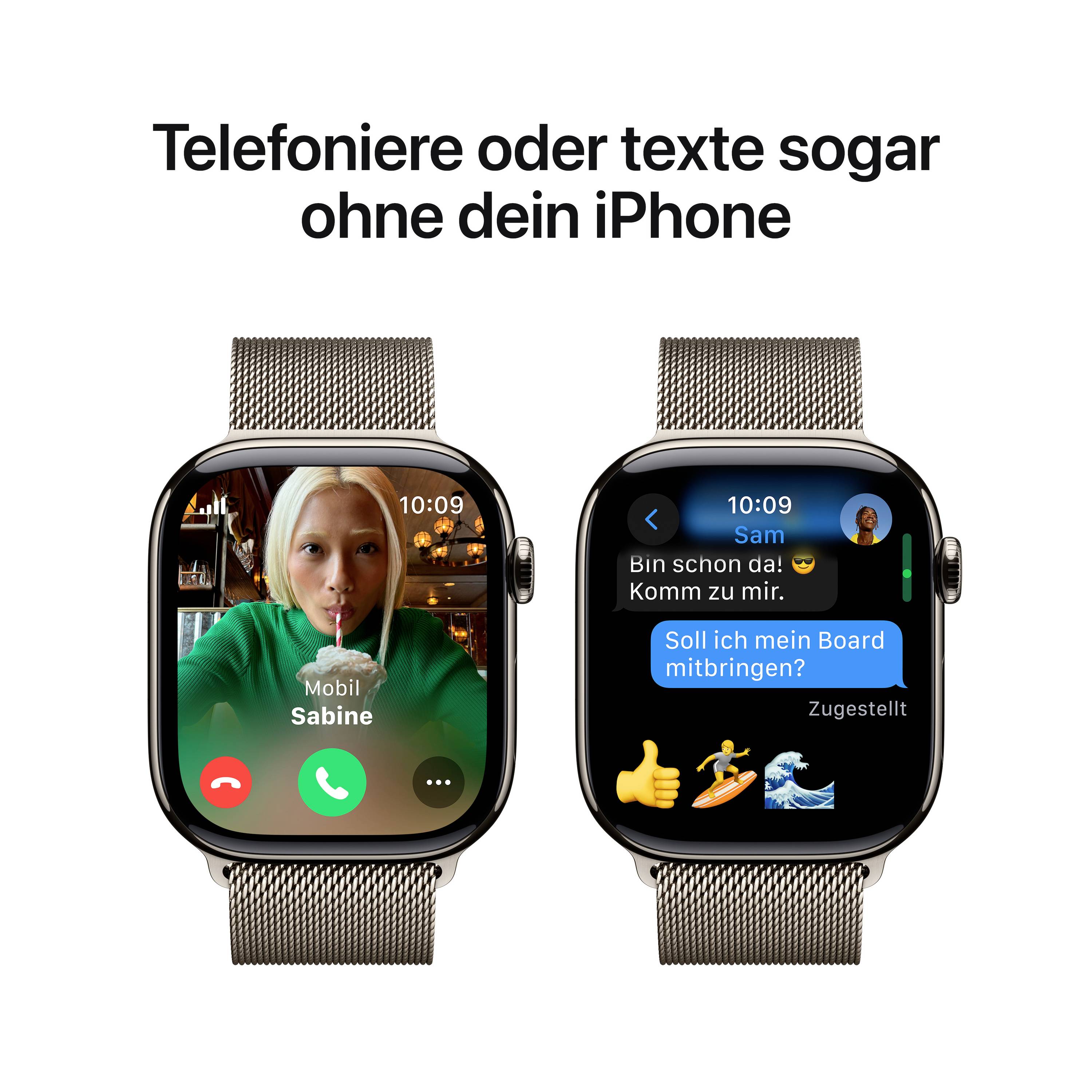 Zwei Smartwatches mit Nachrichten- und Anrufanzeige. Text oben: 'Telefoniere oder texte sogar ohne dein iPhone'.