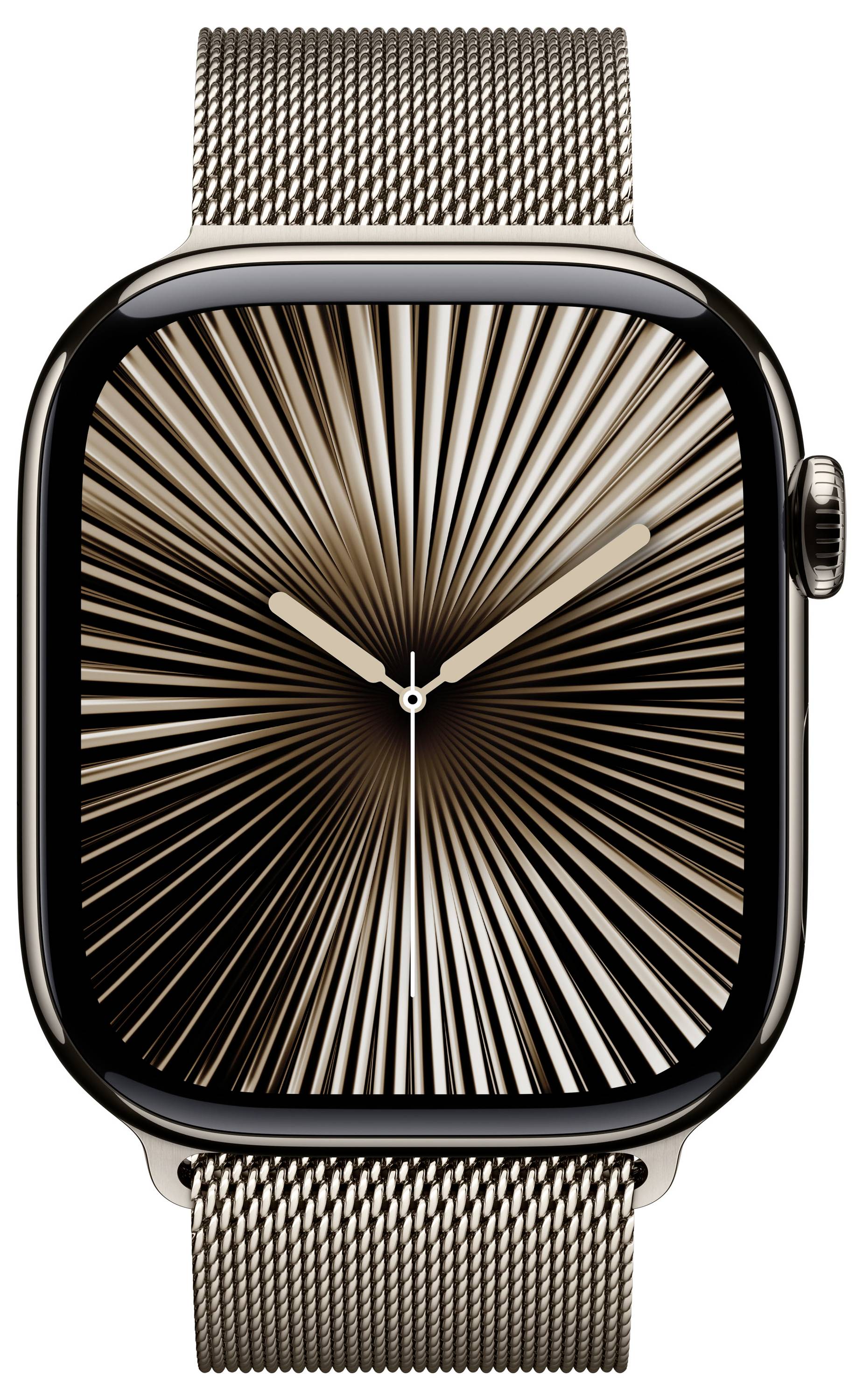Eine moderne Smartwatch mit einem spiralförmigen Zifferblatt und einem Metallarmband wird von vorne gezeigt.