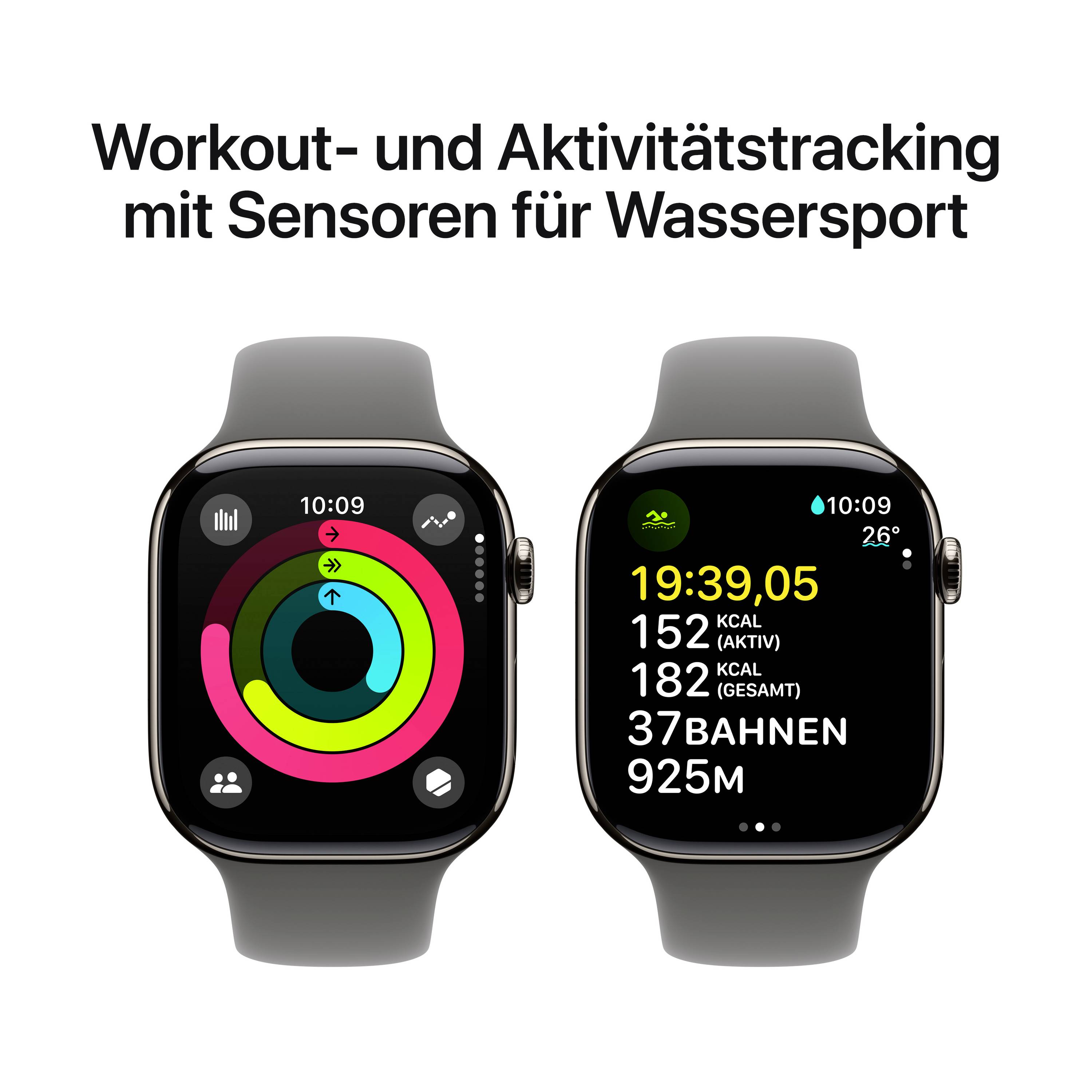 Zwei Smartwatches mit Aktivitäts- und Workout-Tracking für Wassersport. Links zeigen Ringe Fortschritt, rechts Schwimmstatistiken.
