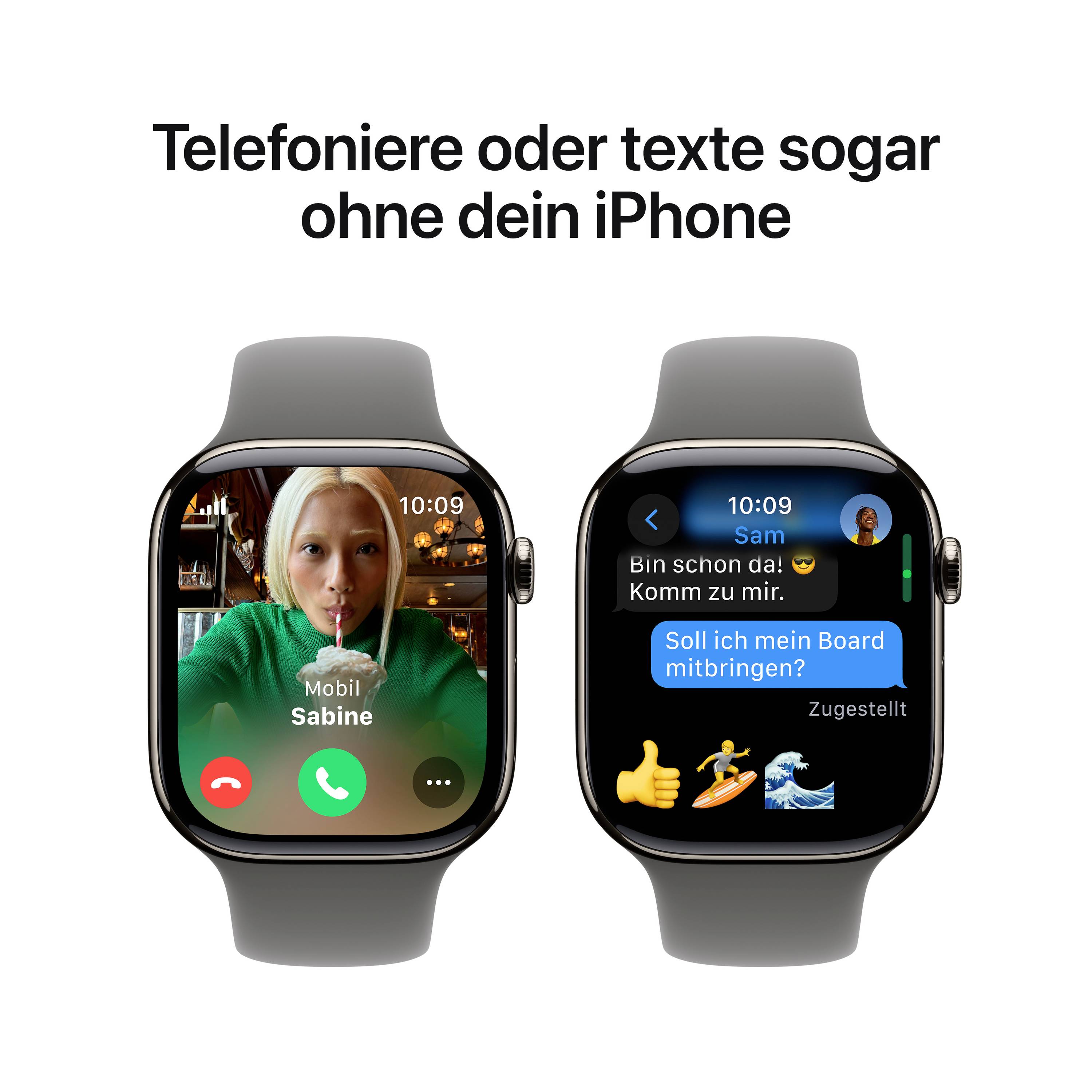 Zwei Smartwatches zeigen: Links ein eingehender Videoanruf mit 'Sabine', rechts ein Textnachrichten-Dialog. 上日本語が書ｘいてｍいます。