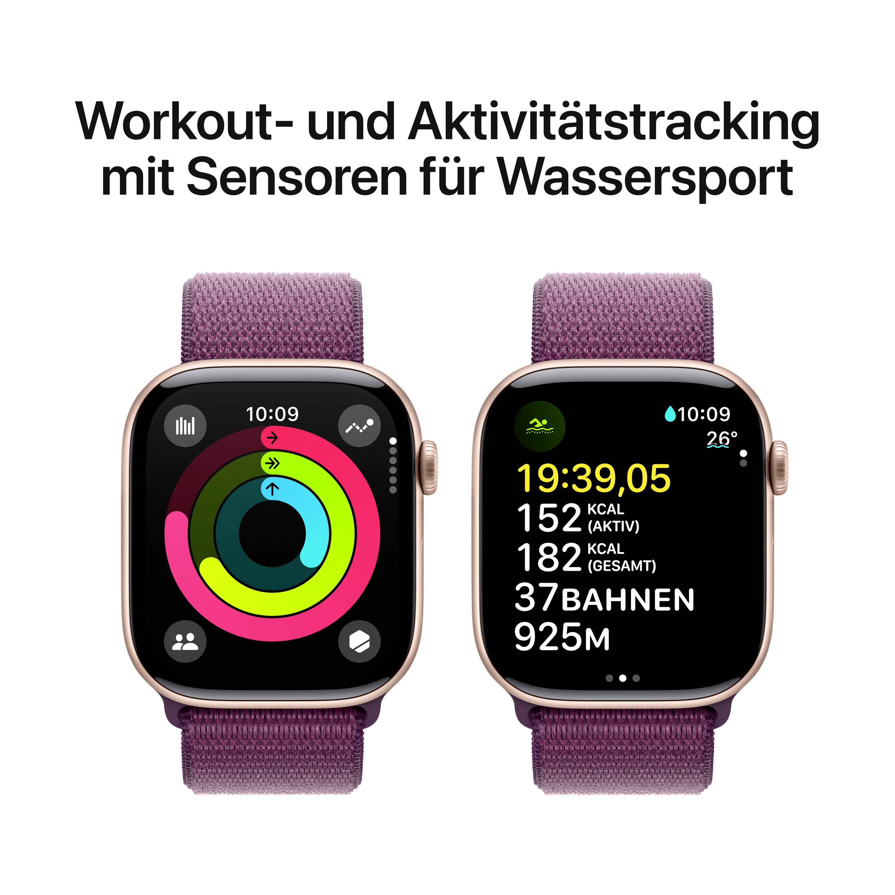 Zwei Smartwatches mit lila Armband zeigen Fitness-Tracking-Daten an. Links: Aktivitätsringe. Rechts: Schwimmstatistiken mit Zeit und Distanz.