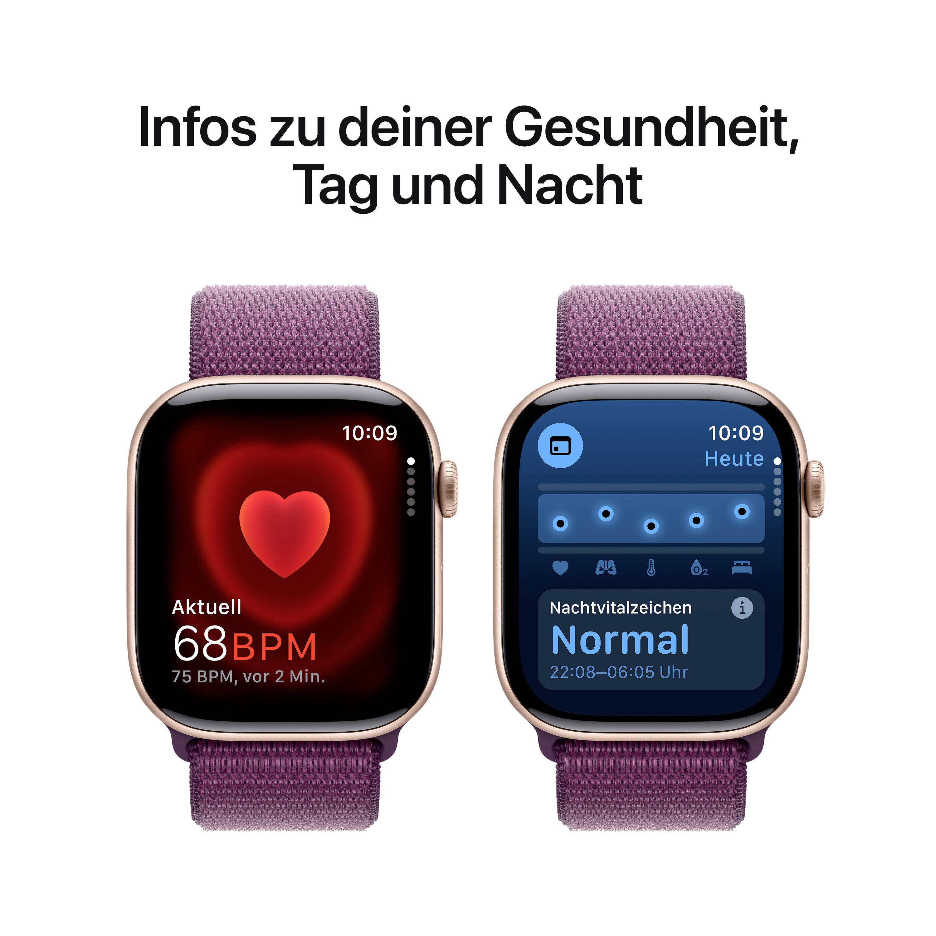 Zwei Smartwatches zeigen Gesundheitsinformationen. Links: Herzsymbol mit 68 BPM. Rechts: Schlafdaten mit 'Normal'. Text: 'Infos zu deiner Gesundheit, Tag und Nacht'.