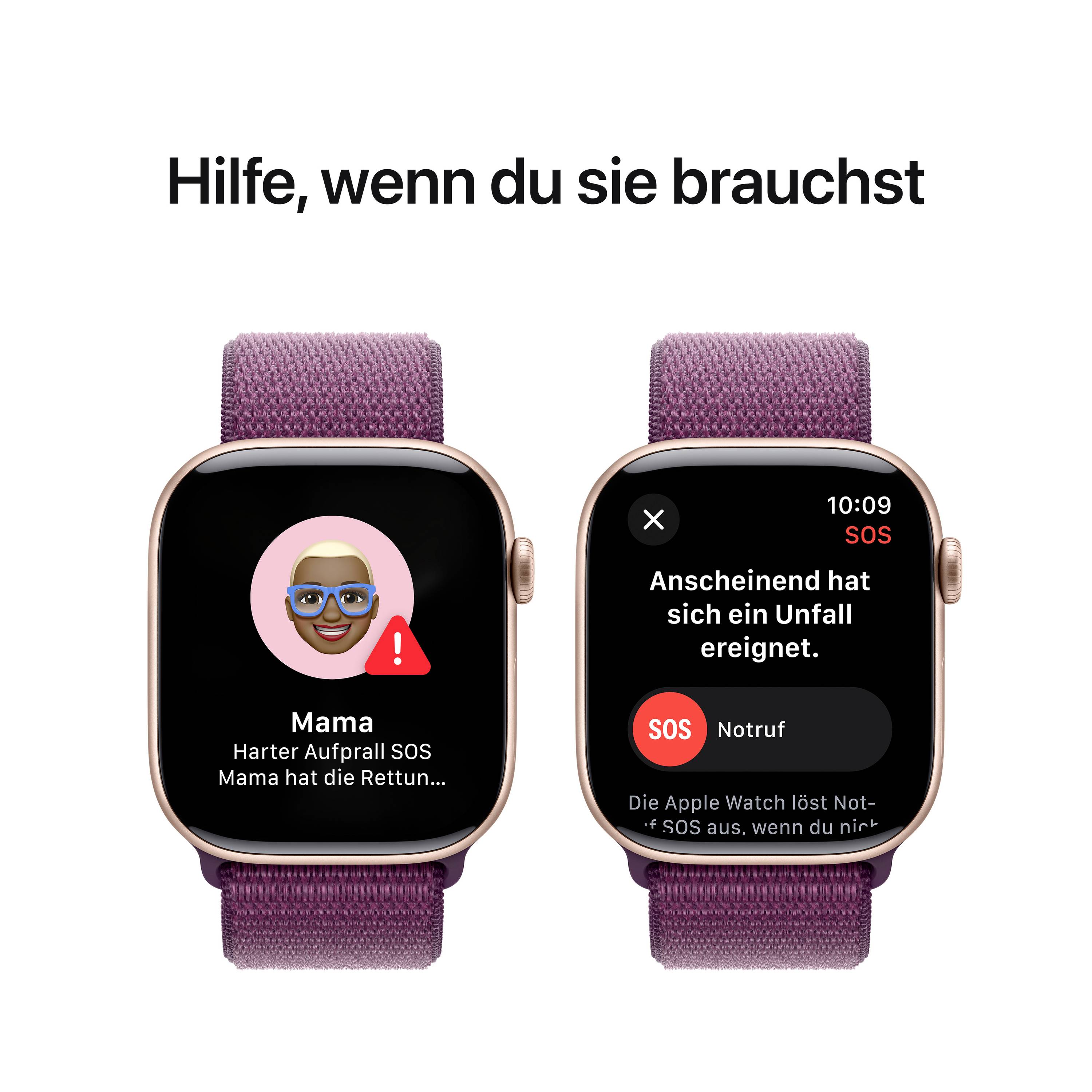 Zwei Smartwatch-Bildschirme zeigen eine SOS-Benachrichtigung mit einem Avatar 'Mama' und Text 'Mama hat die Rettungsdienste kontaktiert'.