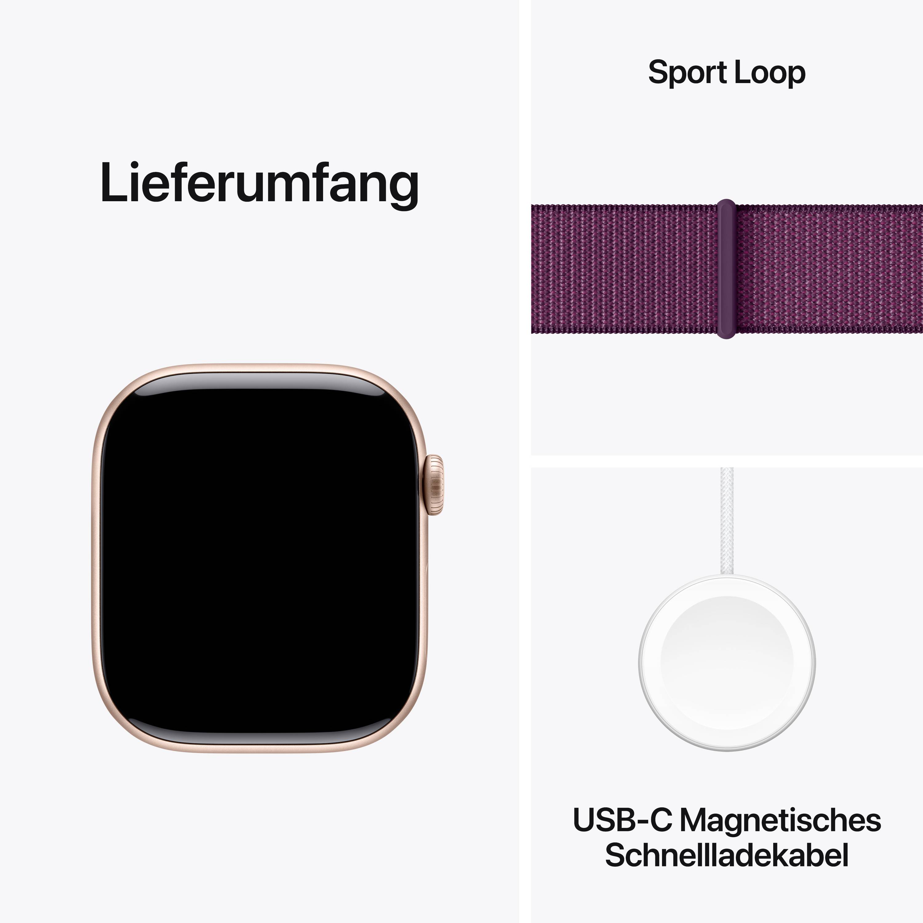 Lieferumfang: Ein Smartwatch-Gehäuse, ein Sport Loop-Armband und ein USB-C Magnetisches Schnellladekabel.