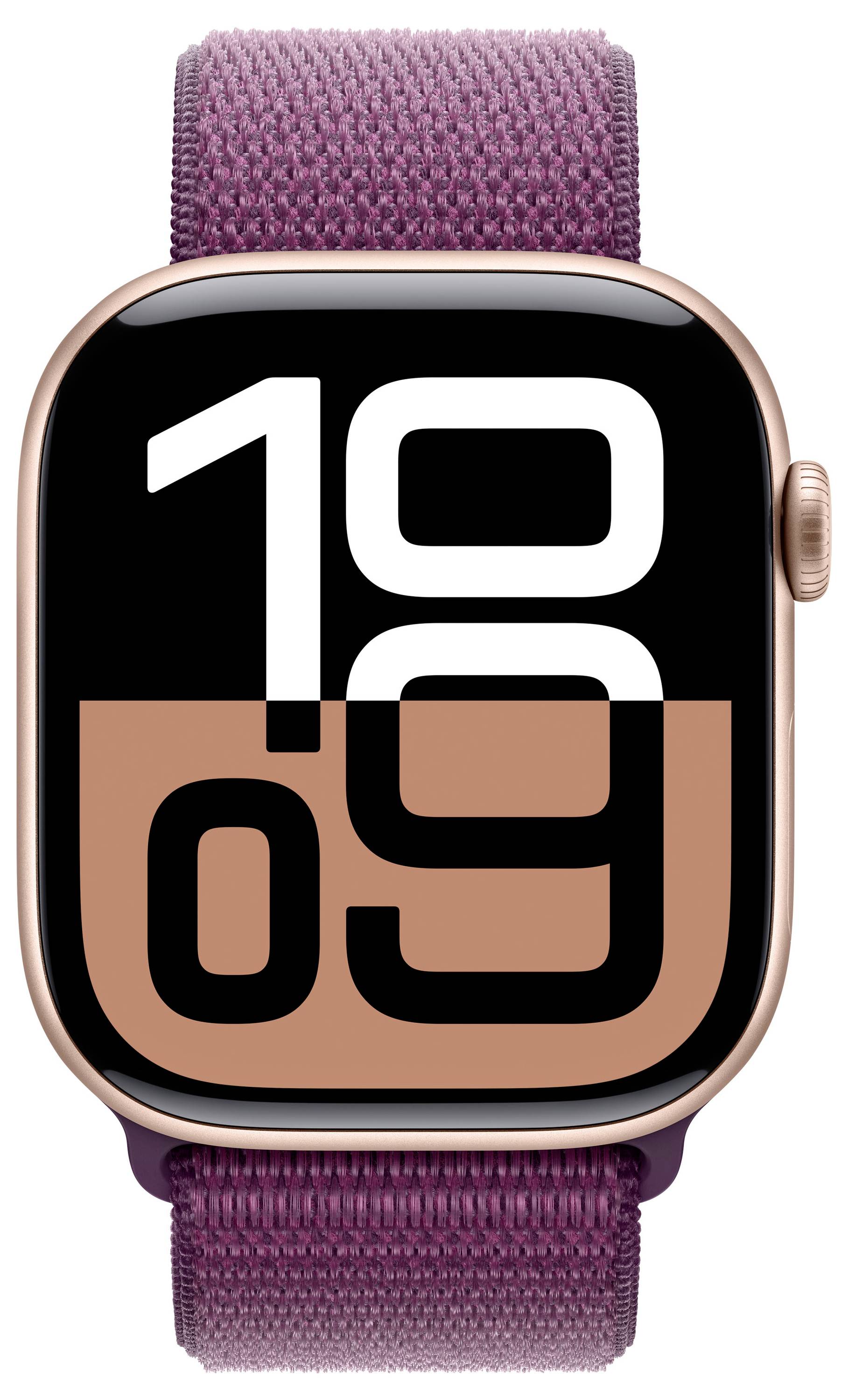 Eine Smartwatch mit rosa Armband und einem Zifferblatt, das die Uhrzeit 10:09 anzeigt. Das Display hat ein modernes, großes Zahlen-Design.