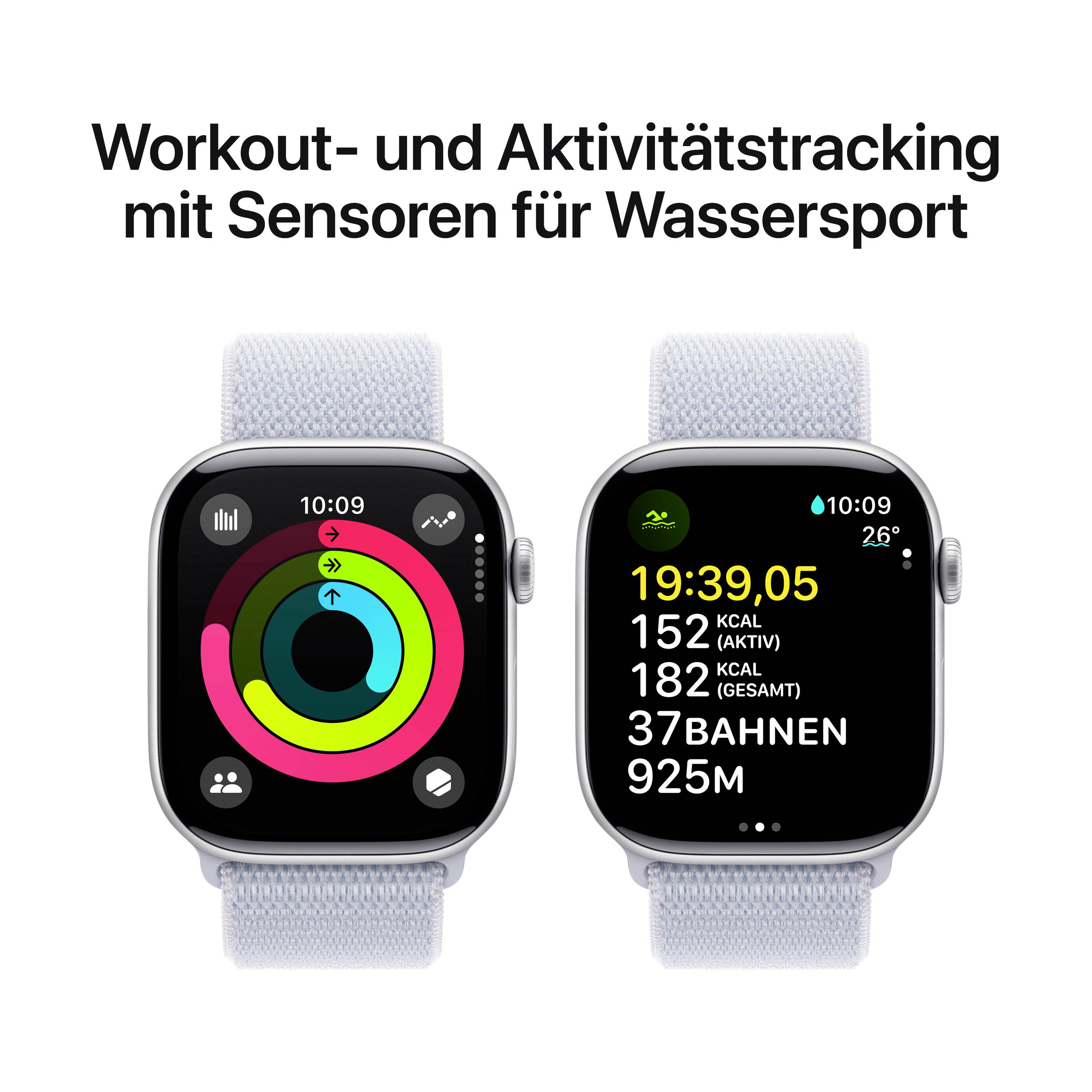 Zwei Smartwatches zeigen Aktivitätstracking: Links Ringe für Bewegung, links Trainingsdaten für Schwimmsport. Text: 'Workout- und Aktivitätstracking mit Sensoren für Wassersport'.