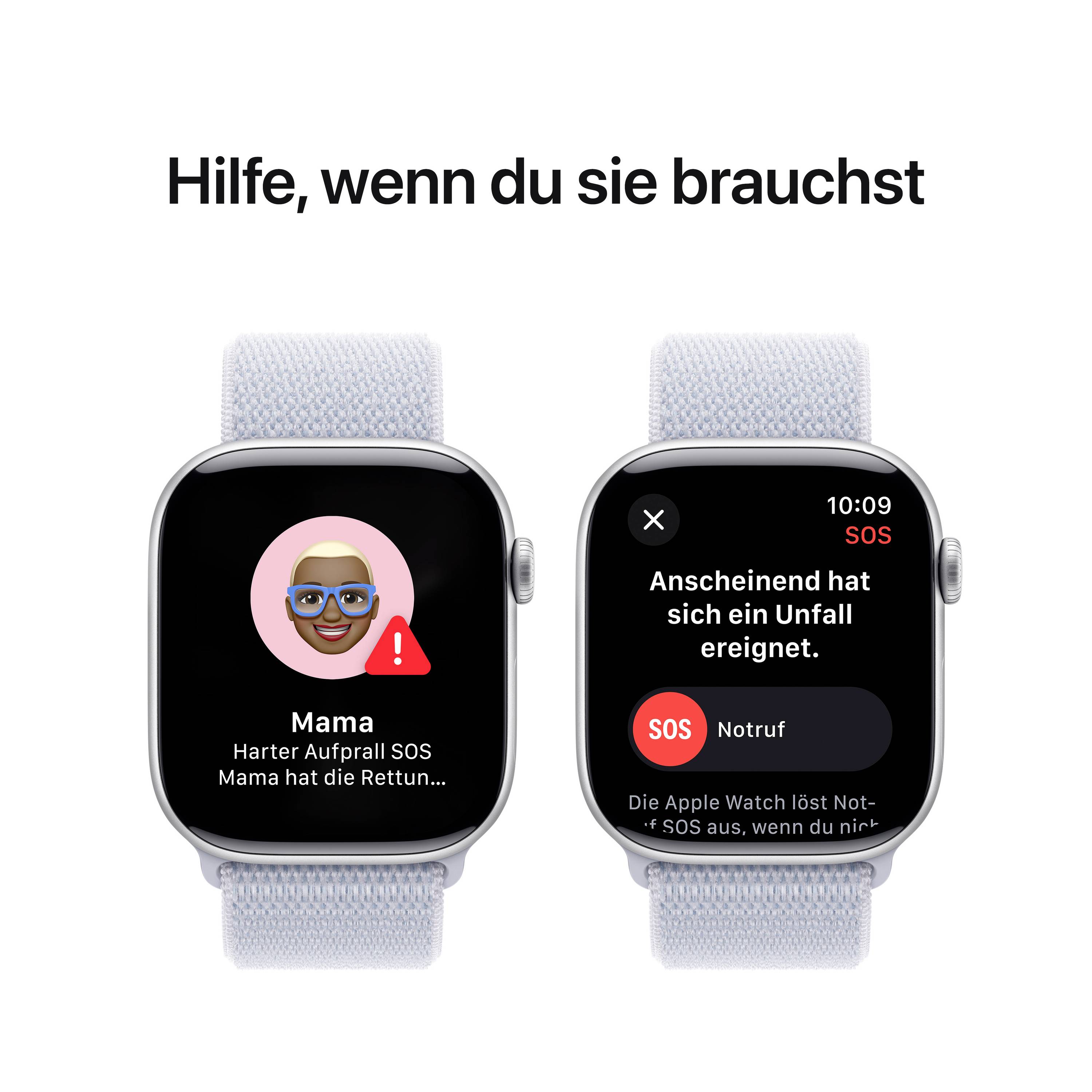 Zwei Smartwatches mit SOS-Funktion. Eine zeigt ein Bild einer Person mit 'Mama' und Warnsymbol, die andere einen SOS-Bildschirm.