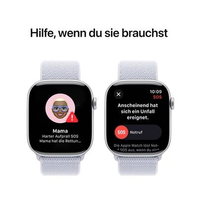 Zwei Smartwatches mit SOS-Funktion. Eine zeigt ein Bild einer Person mit 'Mama' und Warnsymbol, die andere einen SOS-Bildschirm.