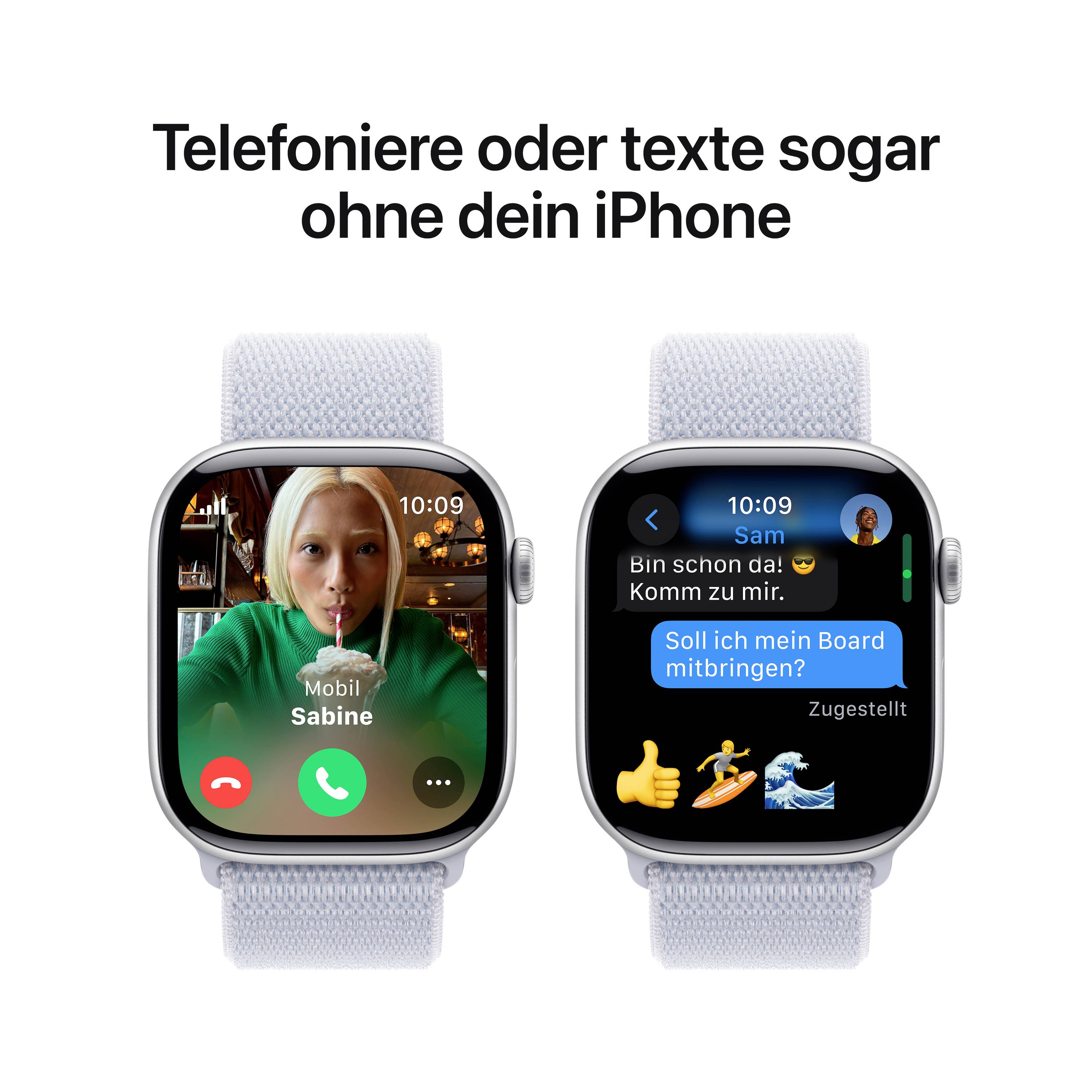 Zwei Smartwatches mit Text: 'Telefoniere oder texte sogar ohne dein iPhone'. Links: Anruf mit Person. Rechts: Chat-Nachrichtenaustausch.