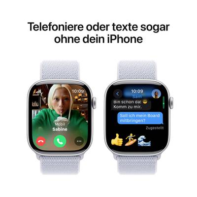 Zwei Smartwatches mit Text: 'Telefoniere oder texte sogar ohne dein iPhone'. Links: Anruf mit Person. Rechts: Chat-Nachrichtenaustausch.
