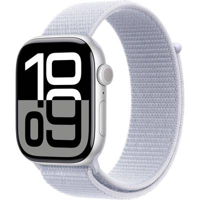Eine Smartwatch mit großem, digitalem Zifferblatt, das '10:09' anzeigt, silbernem Gehäuse und hellblauem Armband.