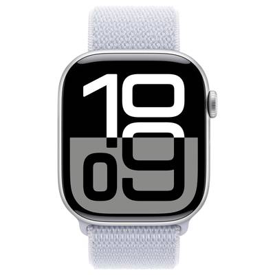 Digitale Armbanduhr mit grauem Textilarmband, zeigt die Uhrzeit 10:09 auf einem großen schwarzen Display an.