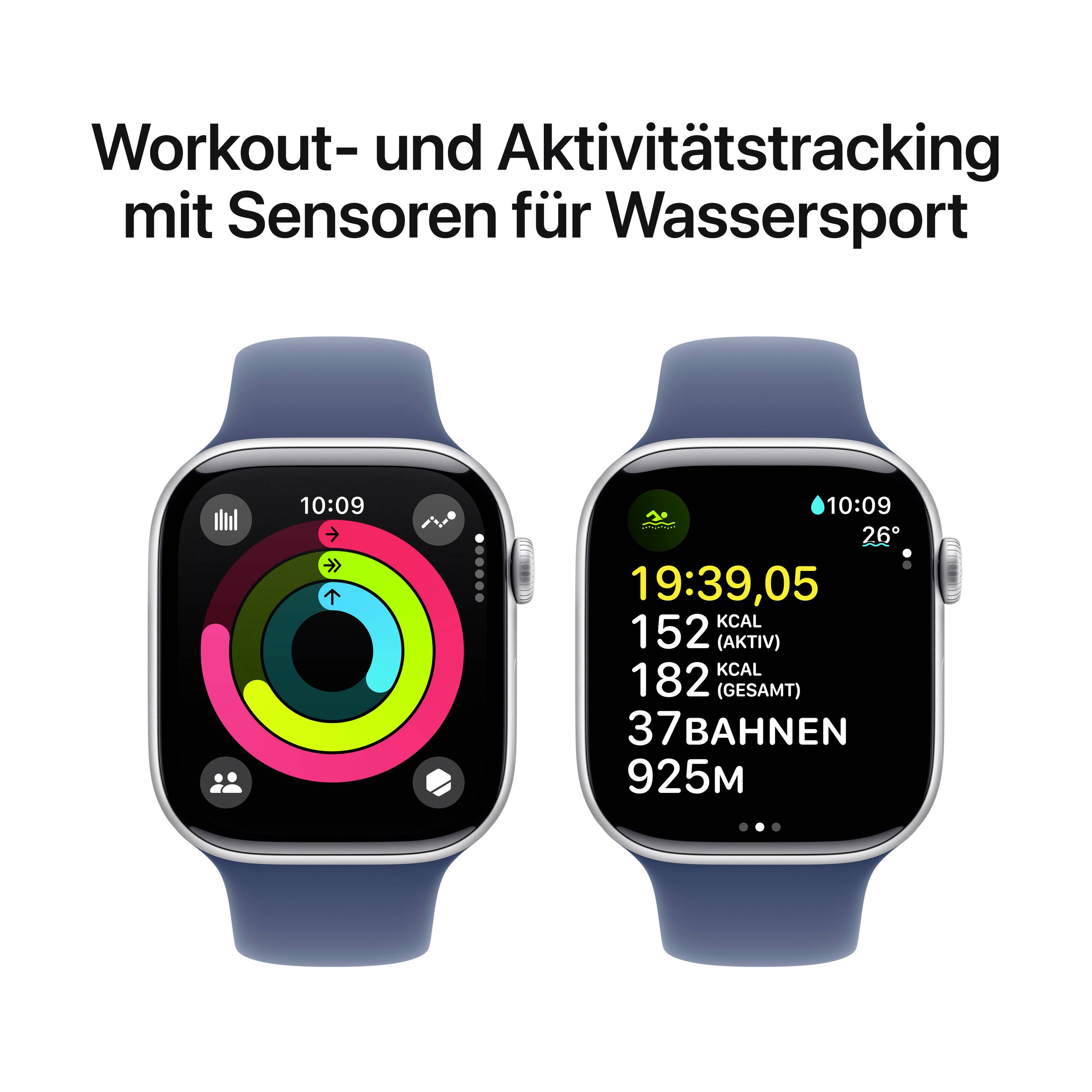 Zwei Smartwatches zeigen Workout- und Aktivitätstracking an, speziell für Wassersportarten. Links: Aktivitätsringe. Rechts: Schwimmstatistiken.