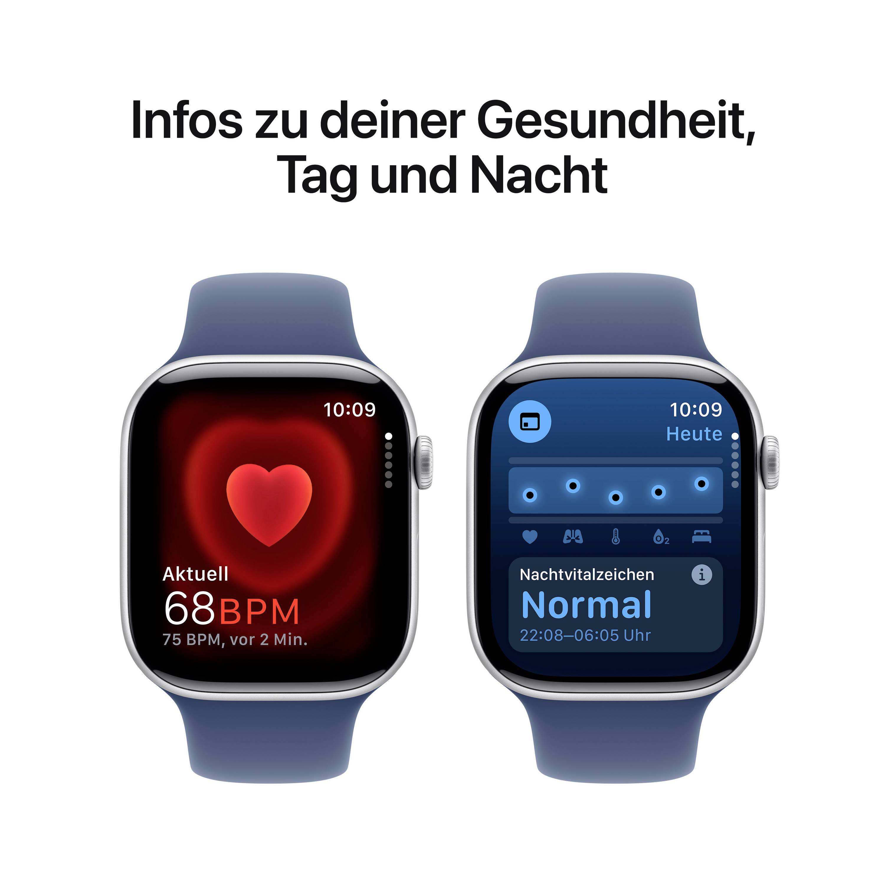 Eine Smartwatch zeigt links einen Herzfrequenzbildschirm mit 68 BPM und rechts Gesundheitsinformationen für Tag und Nacht.