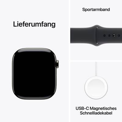 Lieferumfang einer Smartwatch: Abgebildet sind eine Smartwatch, ein Sportarmband und ein USB-C Magentisches Schnellladekabel.