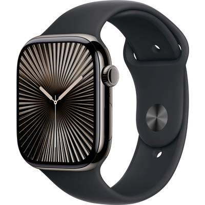 Eine schwarze Smartwatch mit einem modernen Ziffernblatt, das strahlenförmig designt ist. Die Uhr hat ein abgerundetes Display und ein schlichtes Armband.