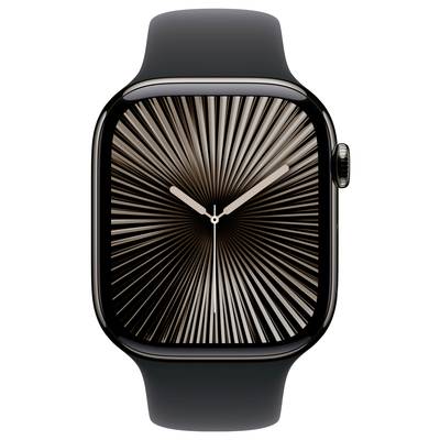 Eine Smartwatch mit einem abstrakten, radialen Zifferblatt. Uhrzeitzeiger zeigen 10:09 an. Armband ist schwarz.