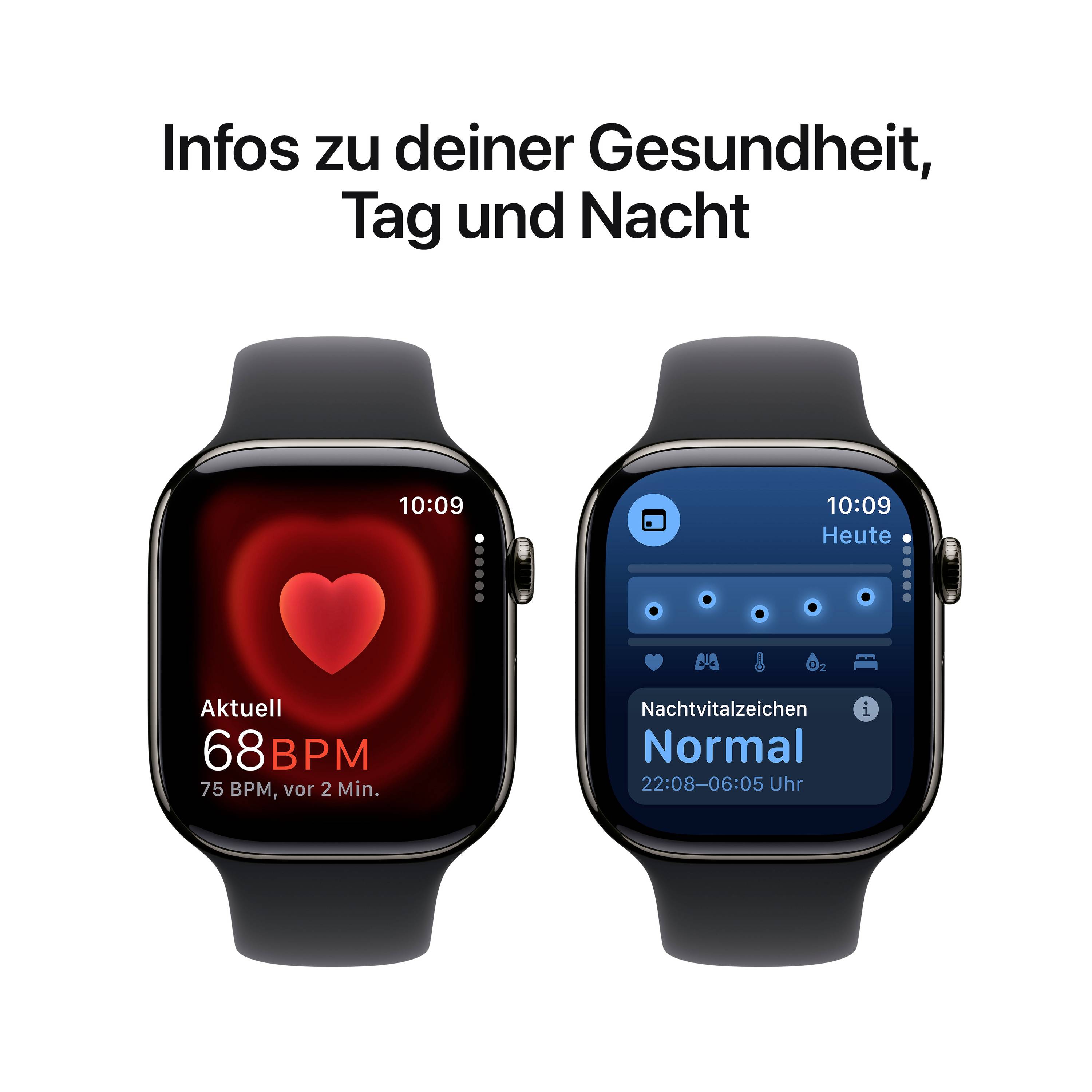 Zwei Smartwatches zeigen Gesundheitsdaten. Links: Herzfrequenz 75 BPM. Rechts: Schlafüberwachung im Nachtmodus. Text: 'Infos zu deiner Gesundheit, Tag und Nacht'.