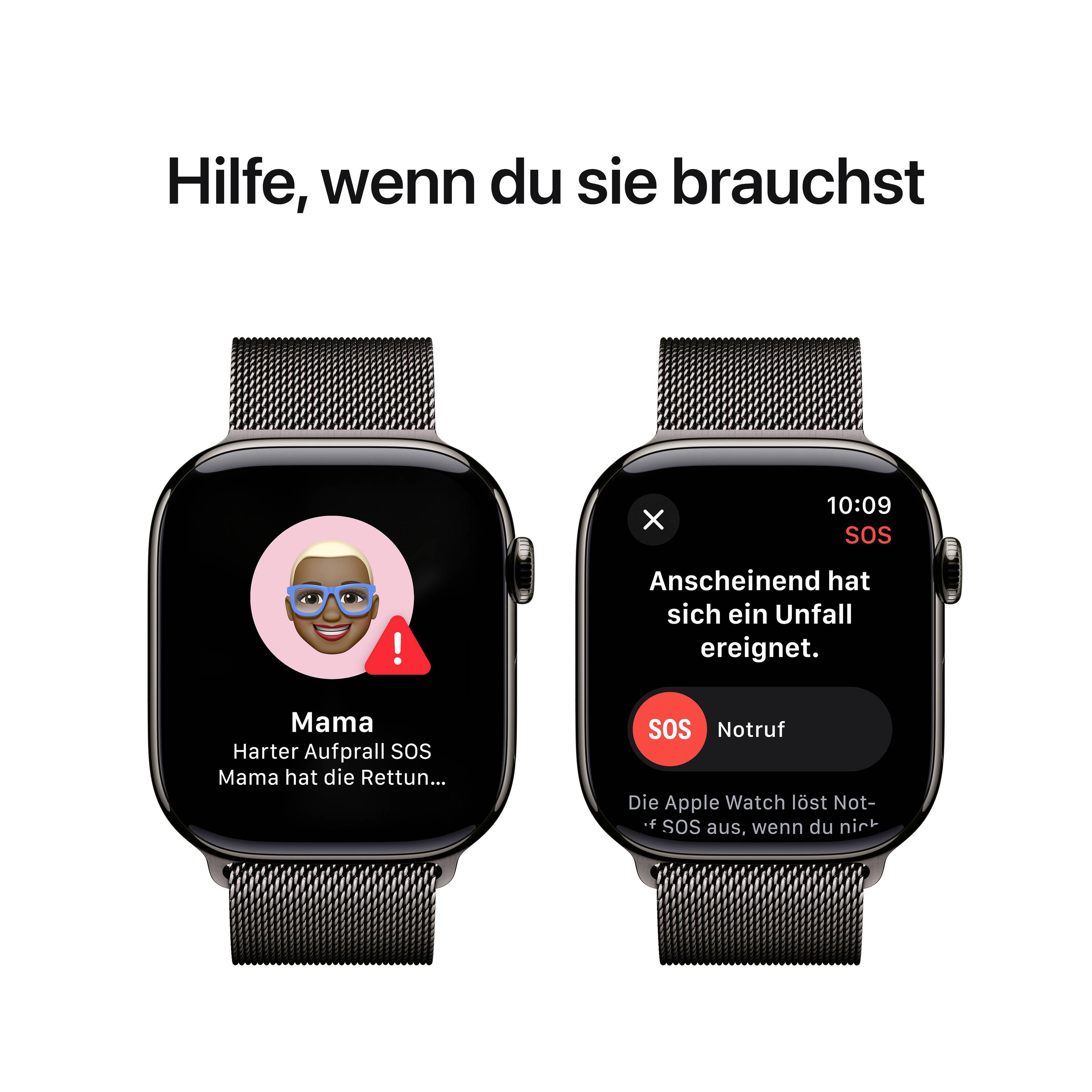 Zwei Smartwatch-Bildschirme: Links zeigt eine SOS-Benachrichtigung 'Mama', rechts eine Benachrichtigung über einen erkannten Unfall. Text oben: 'Hilfe, wenn du sie brauchst'.