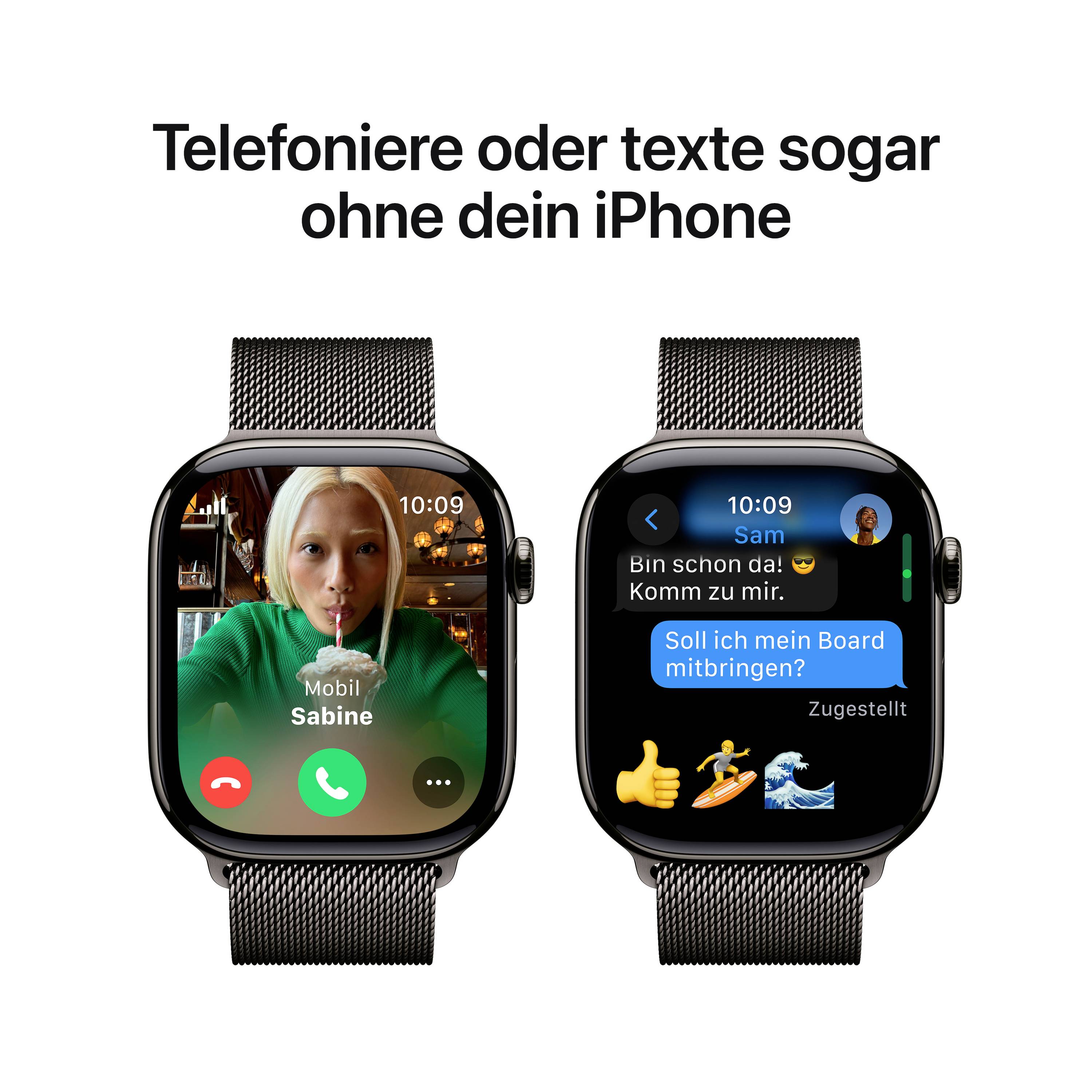 Zwei Smartwatches mit Kommunikationsfunktionen: Links ein Anrufbildschirm mit Foto und Name 'Sabine,' rechts Nachrichten mit Emojis.
