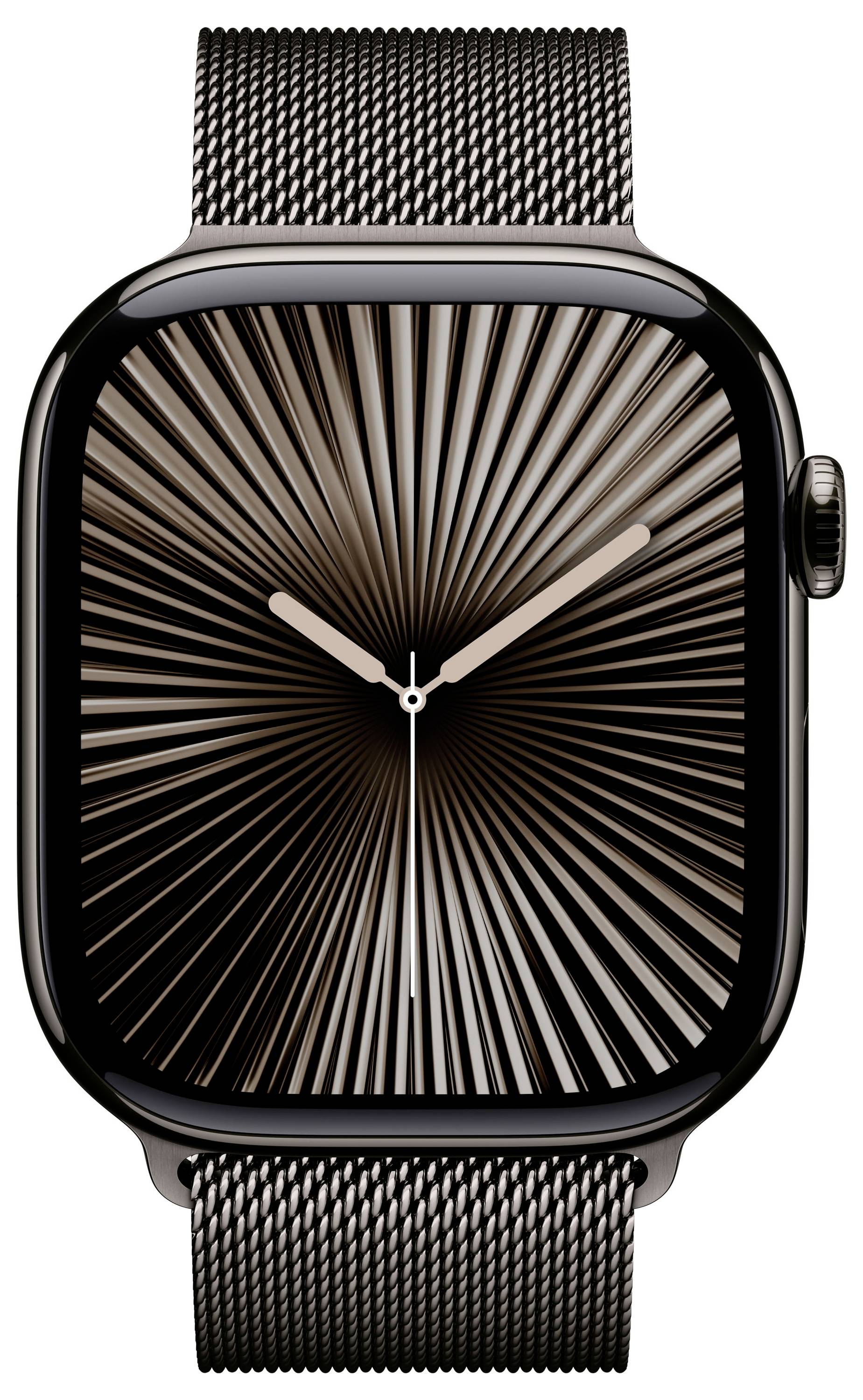 Smartwatch mit einem Zifferblatt, das ein stylisiertes, radiales Muster in Schwarz-Braun zeigt. Eignet sich für elegante Gelegenheiten.