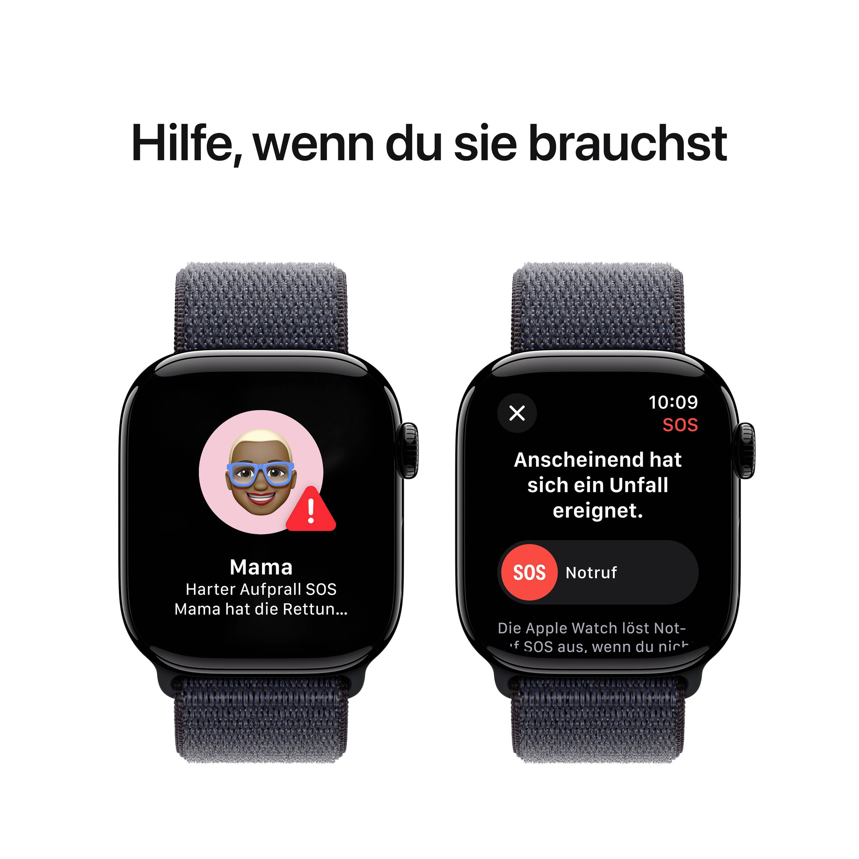 Zwei Smartwatches: Eine zeigt einen Notfallkontakt 'Mama' an, die andere eine SOS-Benachrichtigung 'Anscheinend hat sich ein Unfall ereignet'.