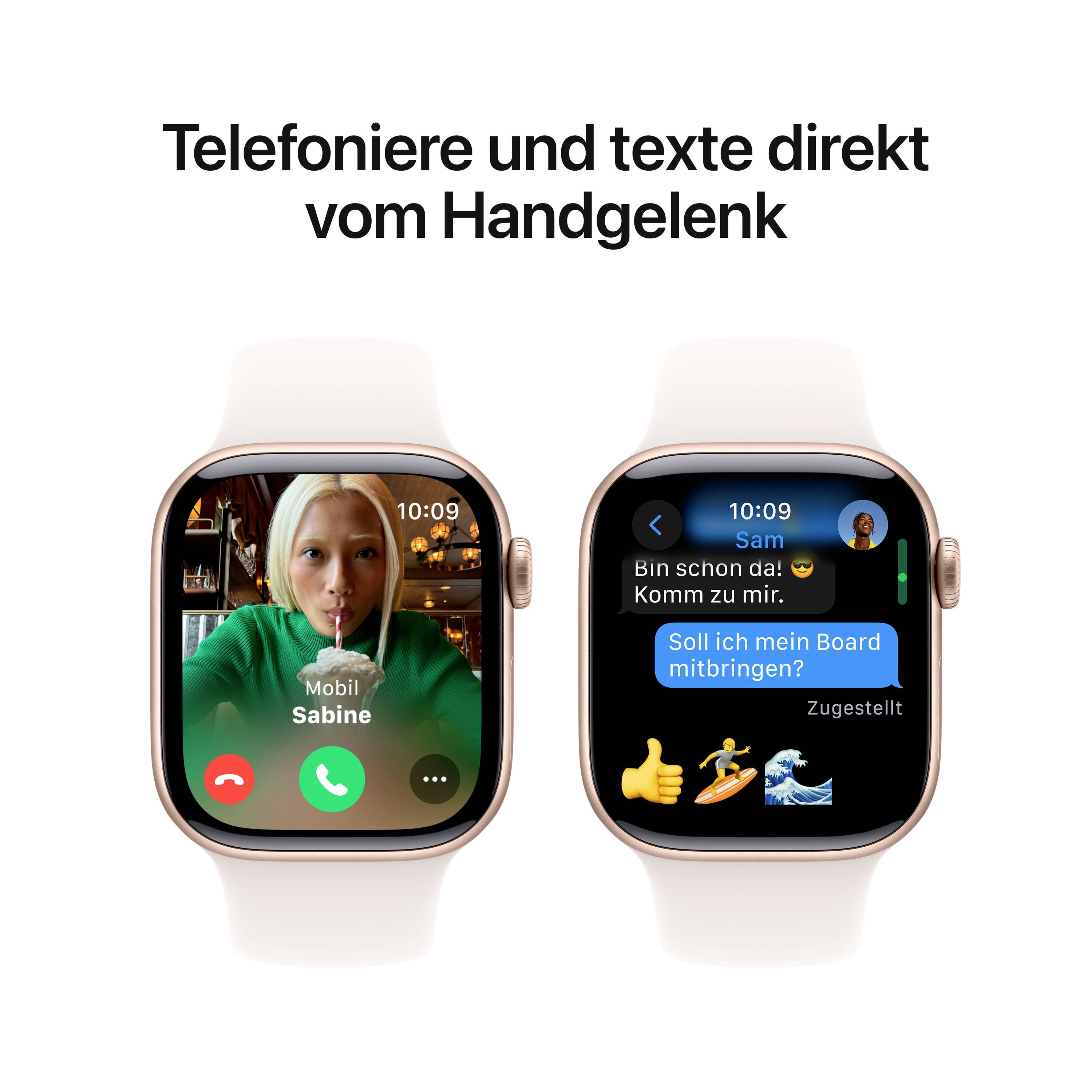 Zwei Smartwatches: Links zeigt einen Anruf von 'Sabine', rechts eine Textnachricht mit Antwortoptionen. Text oben: 'Telefoniere und texte direkt vom Handgelenk'.