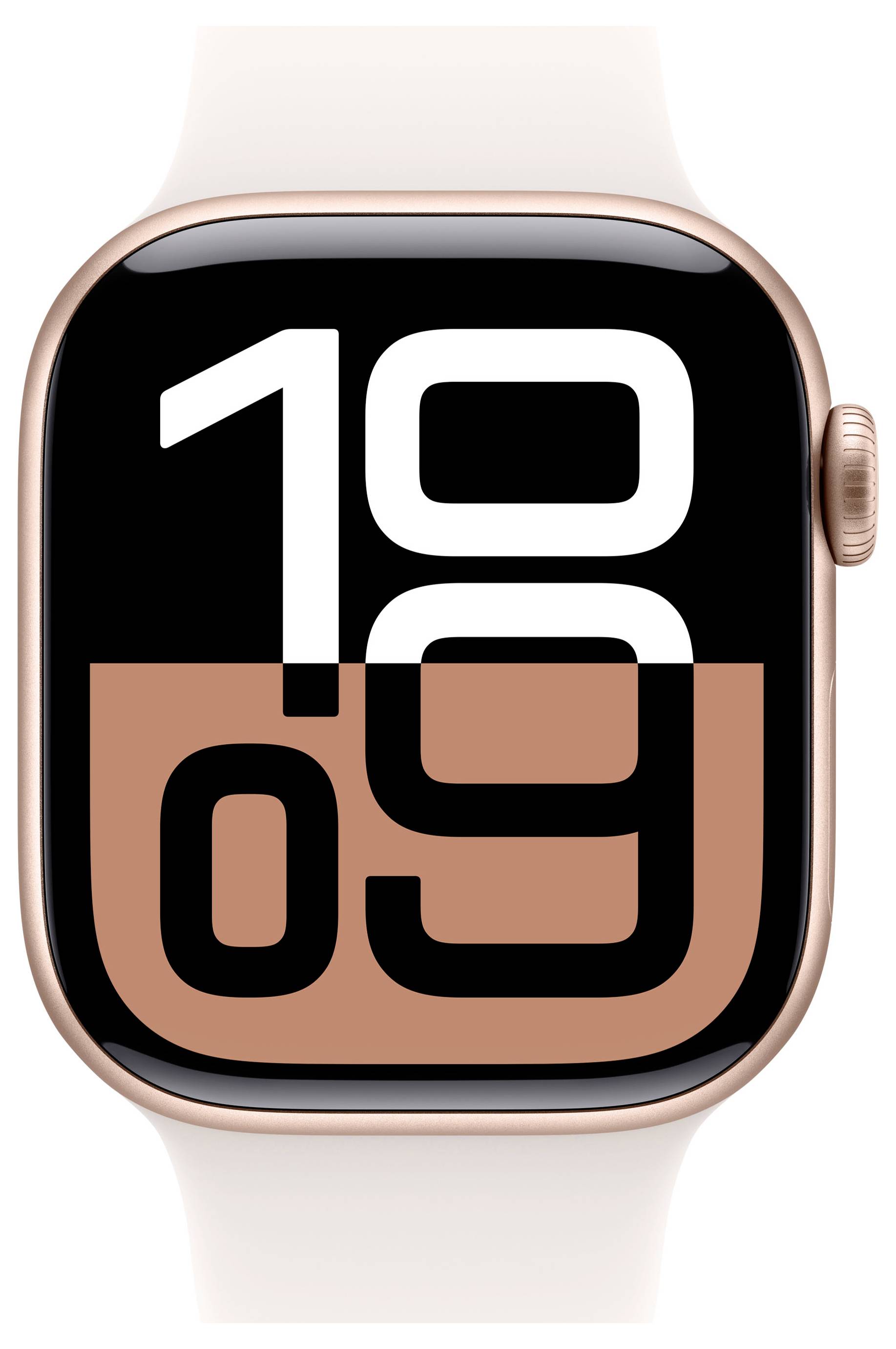 Digitale Uhr auf einer Smartwatch zeigt '10:09'. Modernes Design mit großem Ziffernblatt und kontrastierenden Farben.