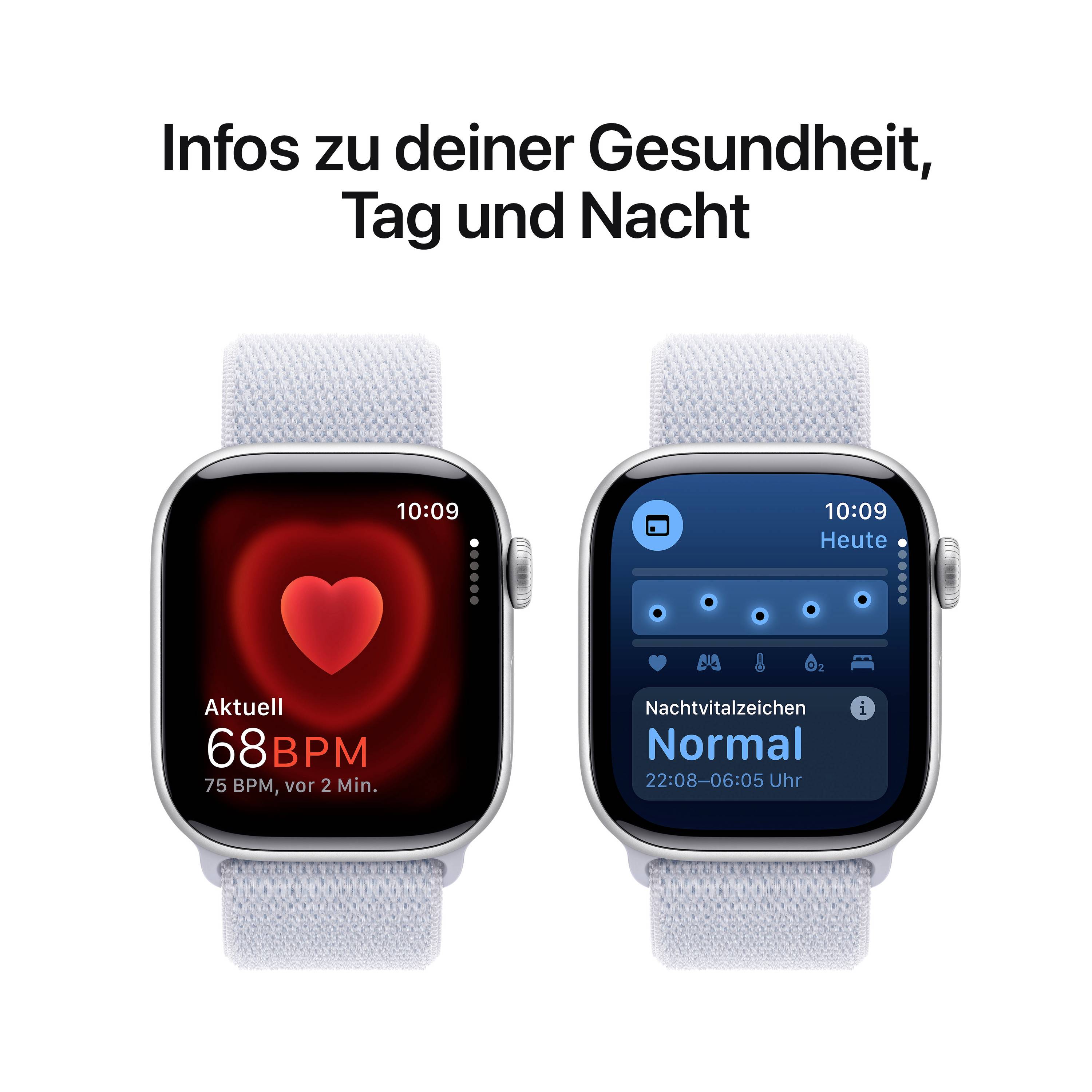 Zwei Smartwatch-Displays: links zeigt Herzfrequenz 68 BPM, rechts normale Nachtvitalzeichen. Text oben: 'Infos zu deiner Gesundheit, Tag und Nacht'.