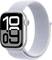 Silberne Smartwatch mit elastischem, hellblauem Band zeigt die Zeit '10:09' auf einem großen, kontrastreichen Display an.