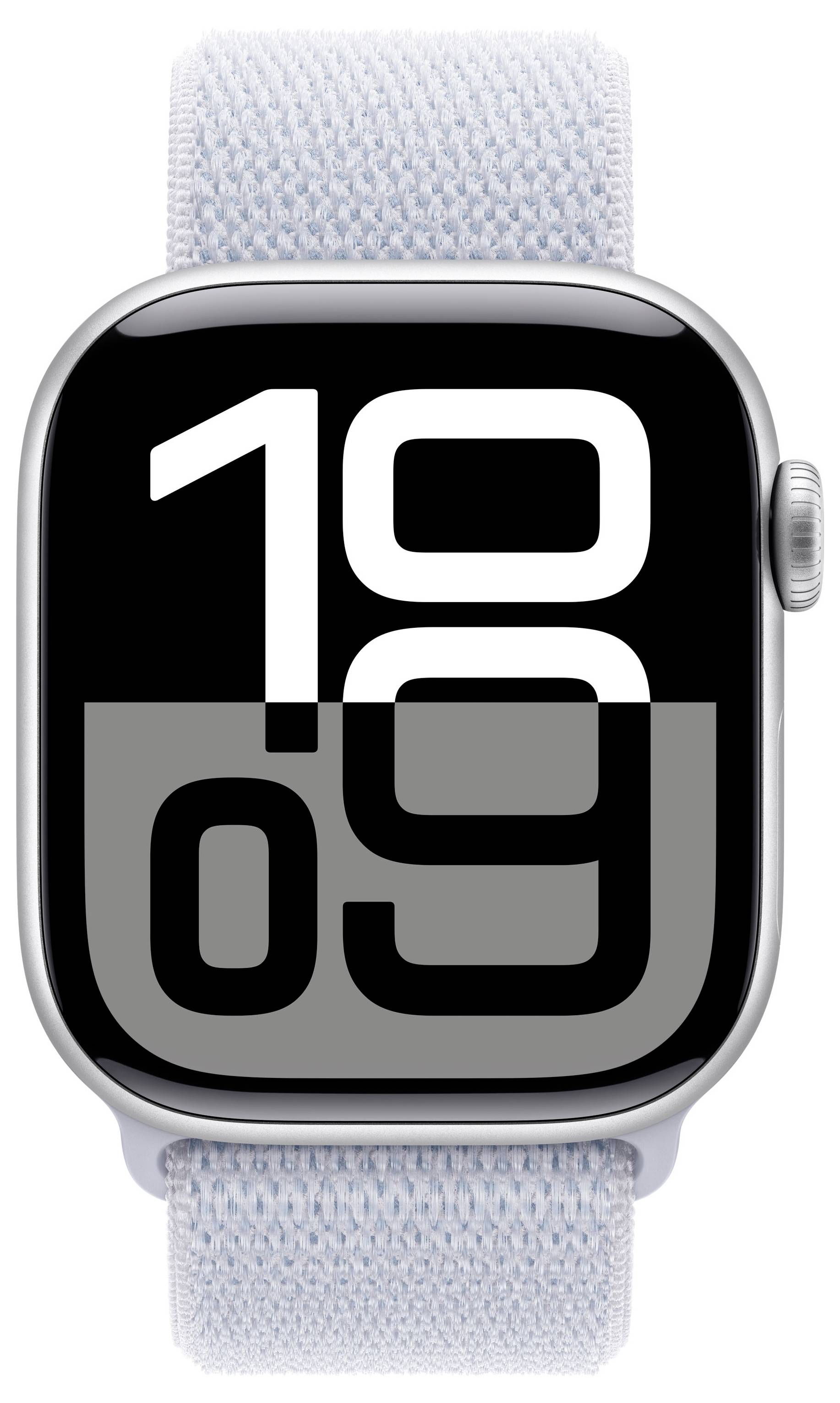 Eine silberne Smartwatch mit einem blassblauen Armband zeigt die Uhrzeit 10:09 auf einem digitalen Zifferblatt an.
