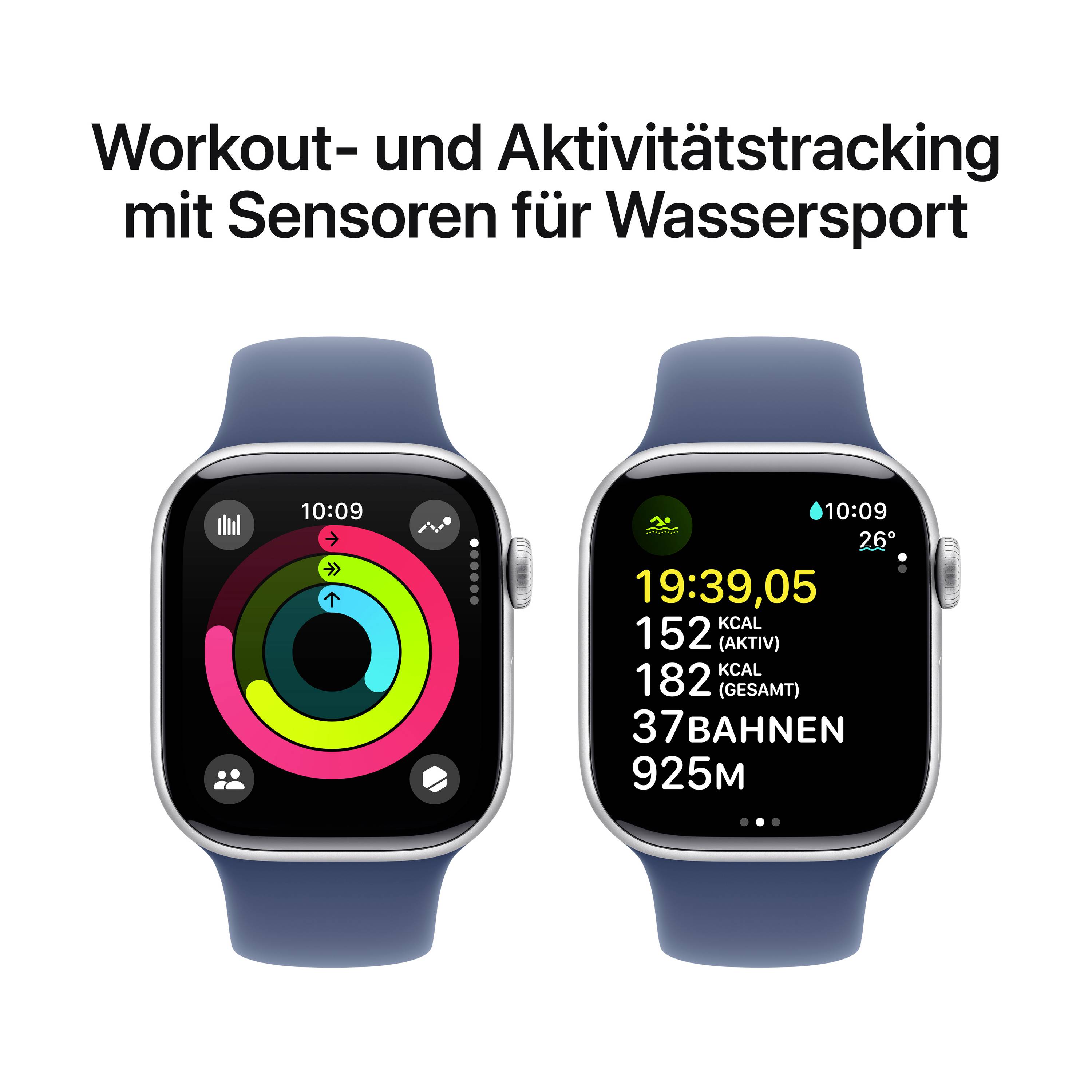Zwei Smartwatches mit blauen Armbändern. Links zeigt Aktivitätsringe, rechts Wassersportdaten: 39 Min., 152 kcal, 37 Bahnen, 925 m. Text oben beschreibt Tracking-Funktion.