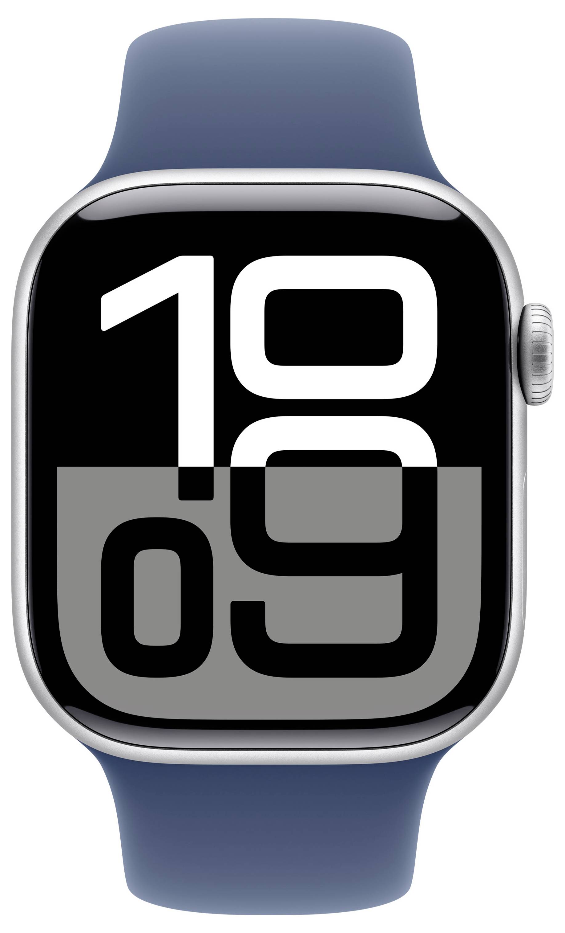 Smartwatch mit blauem Armband und digitaler Anzeige, die '10:09' in großen, weißen Ziffern zeigt. Die Uhr hat ein modernes Design.