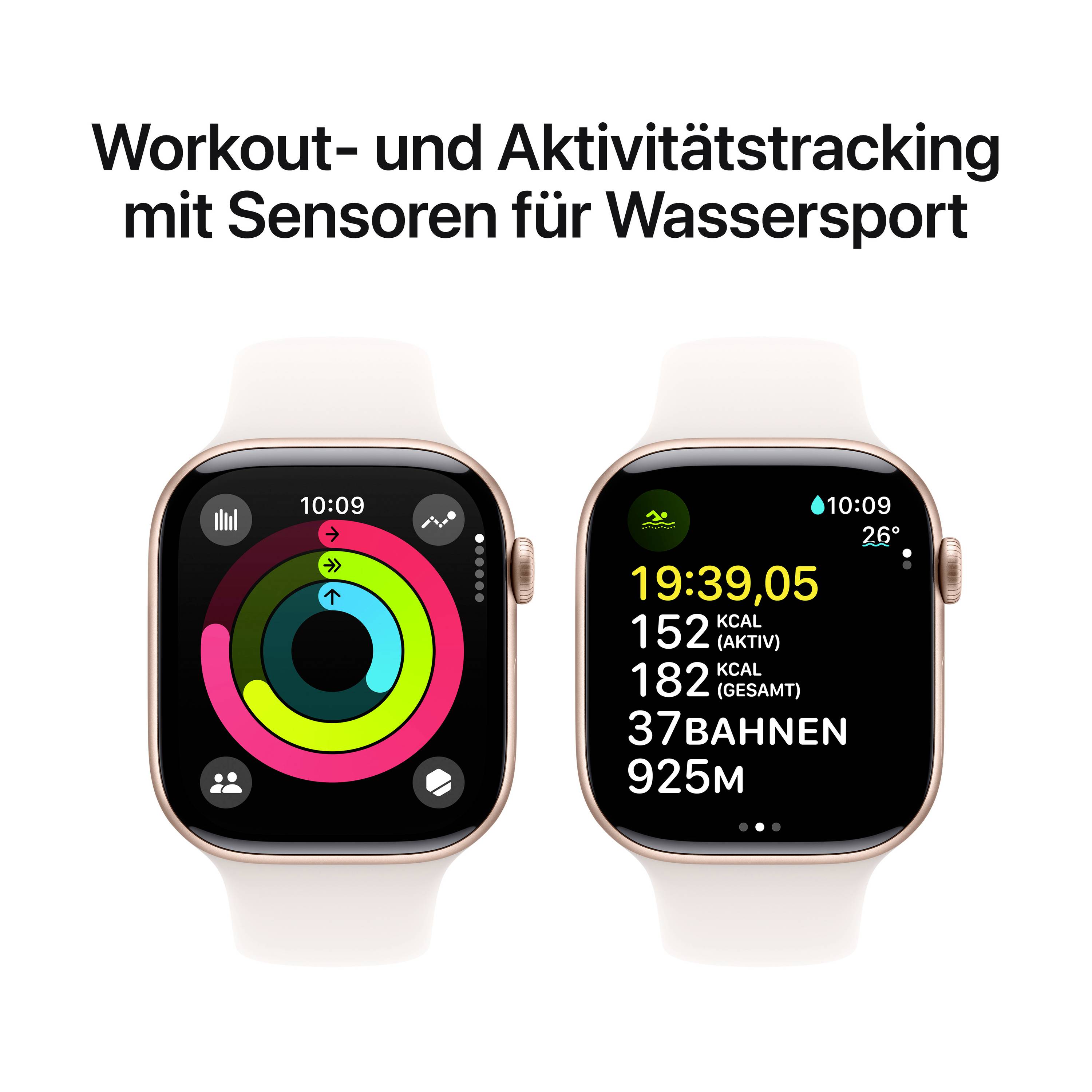 'Workout- und Aktivitätstracking mit Sensoren für Wassersport' zeigt zwei Smartwatches. Links: Aktivitätsringe, rechts: Schwimmdistanz und Kalorien.