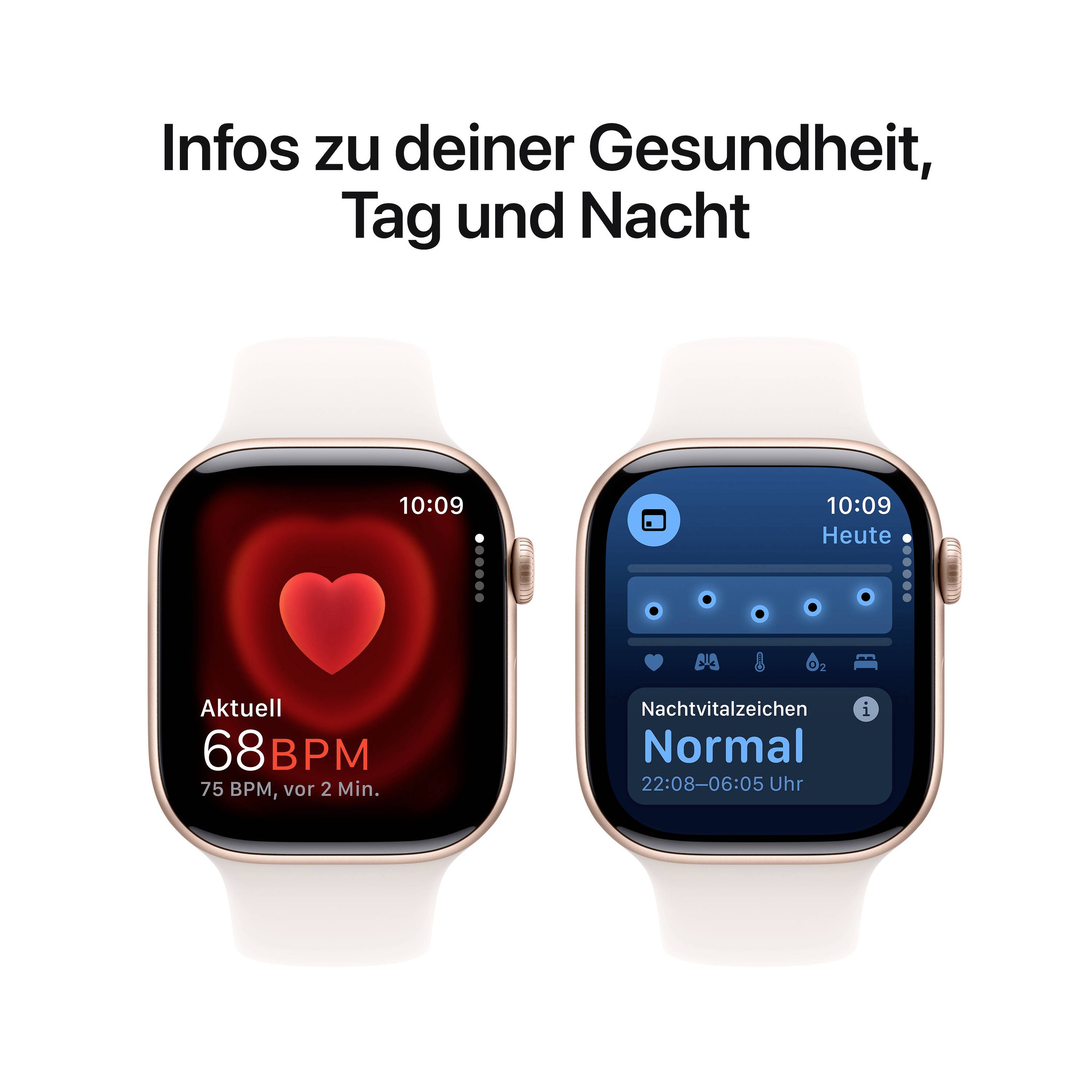 Zwei Smartwatches: Die linke zeigt Herzfrequenz von 68 BPM, die rechte zeigt Normalstatus bei 'Nachvitalzeichen' an.