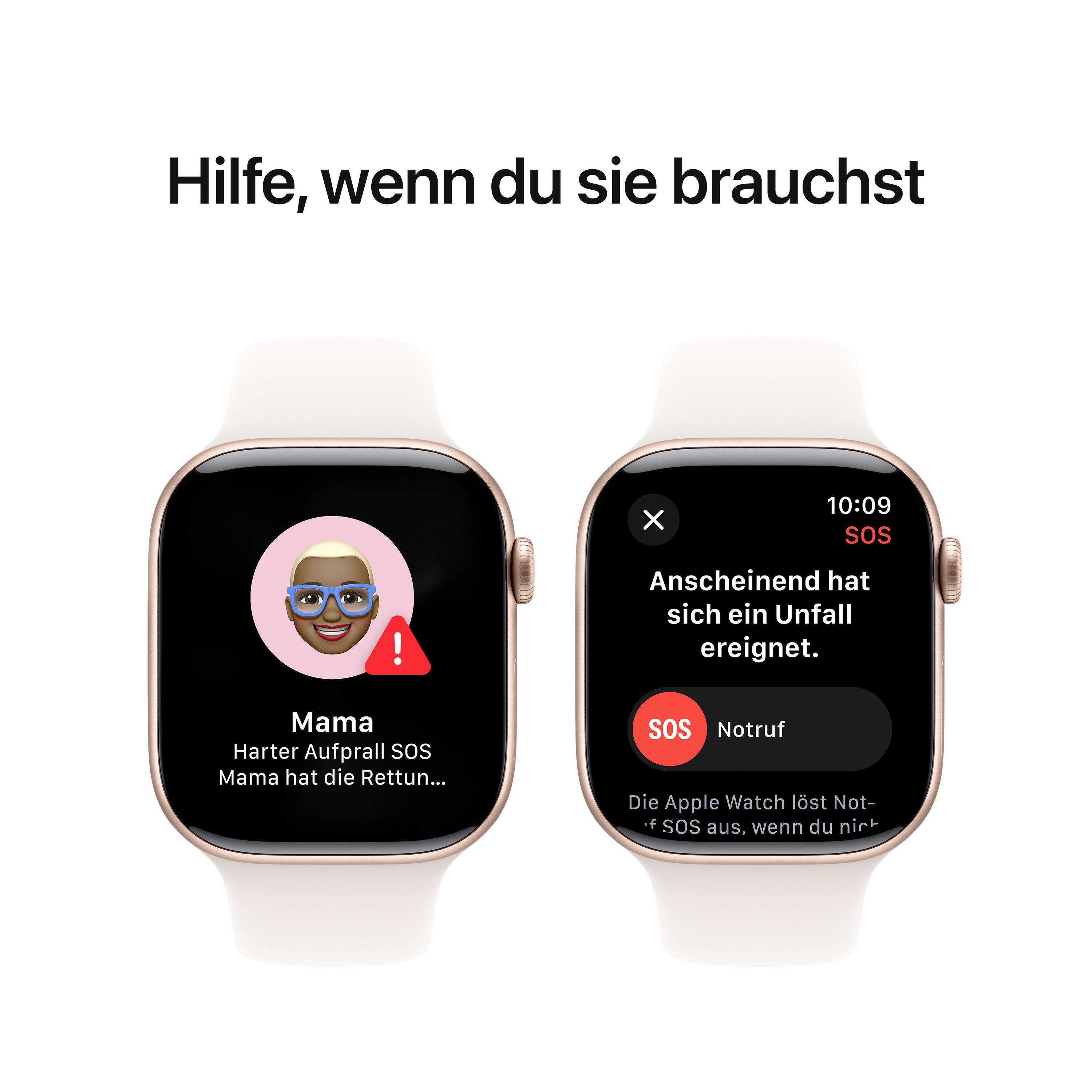 Eine Armbanduhr zeigt 'Mama, harter Aufprall SOS' und 'Anscheinend hat sich ein Unfall ereignet. SOS Notruf'.