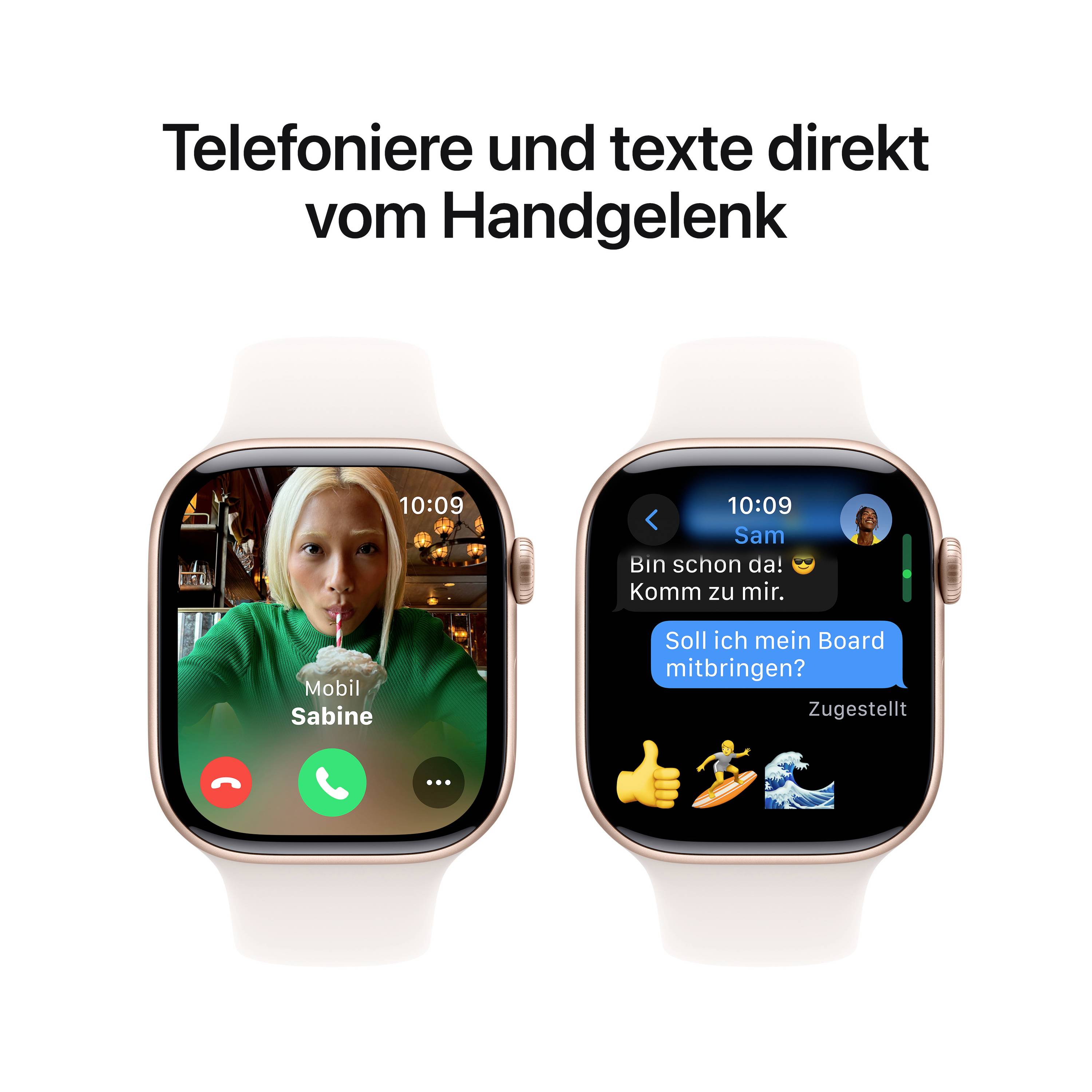 Zwei Smartwatch-Displays: links ein Videotelefonat mit einer Frau, rechts ein Textchat über eine geplante Aktivität.