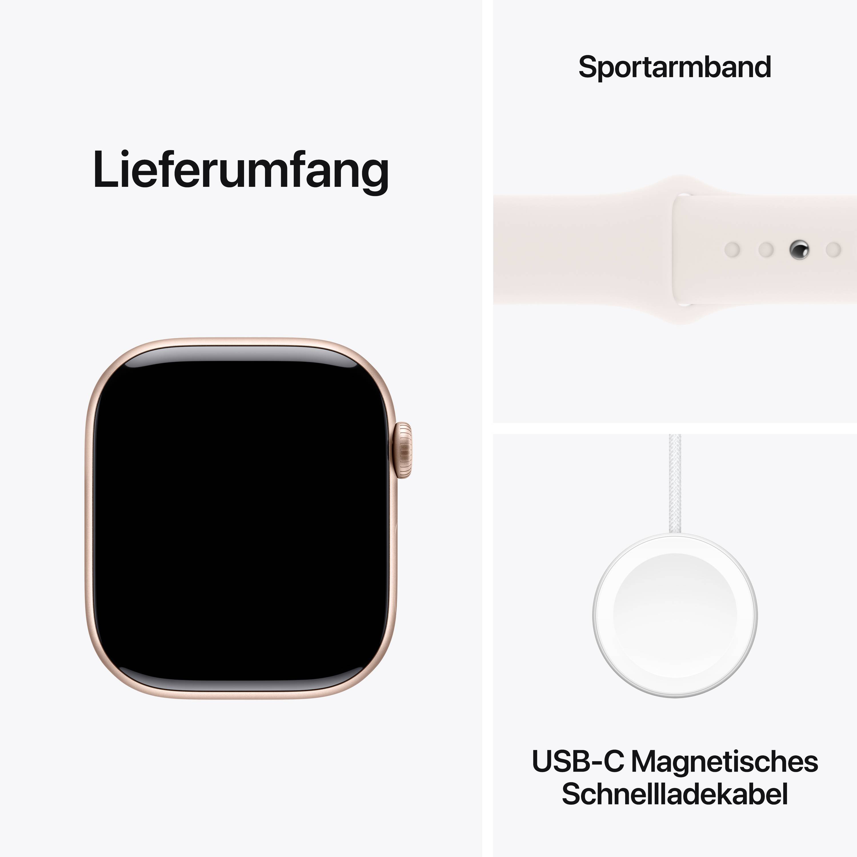 'Lieferumfang': Eine Smartwatch, ein Sportarmband und ein USB-C Magnetisches Schnellladekabel.
