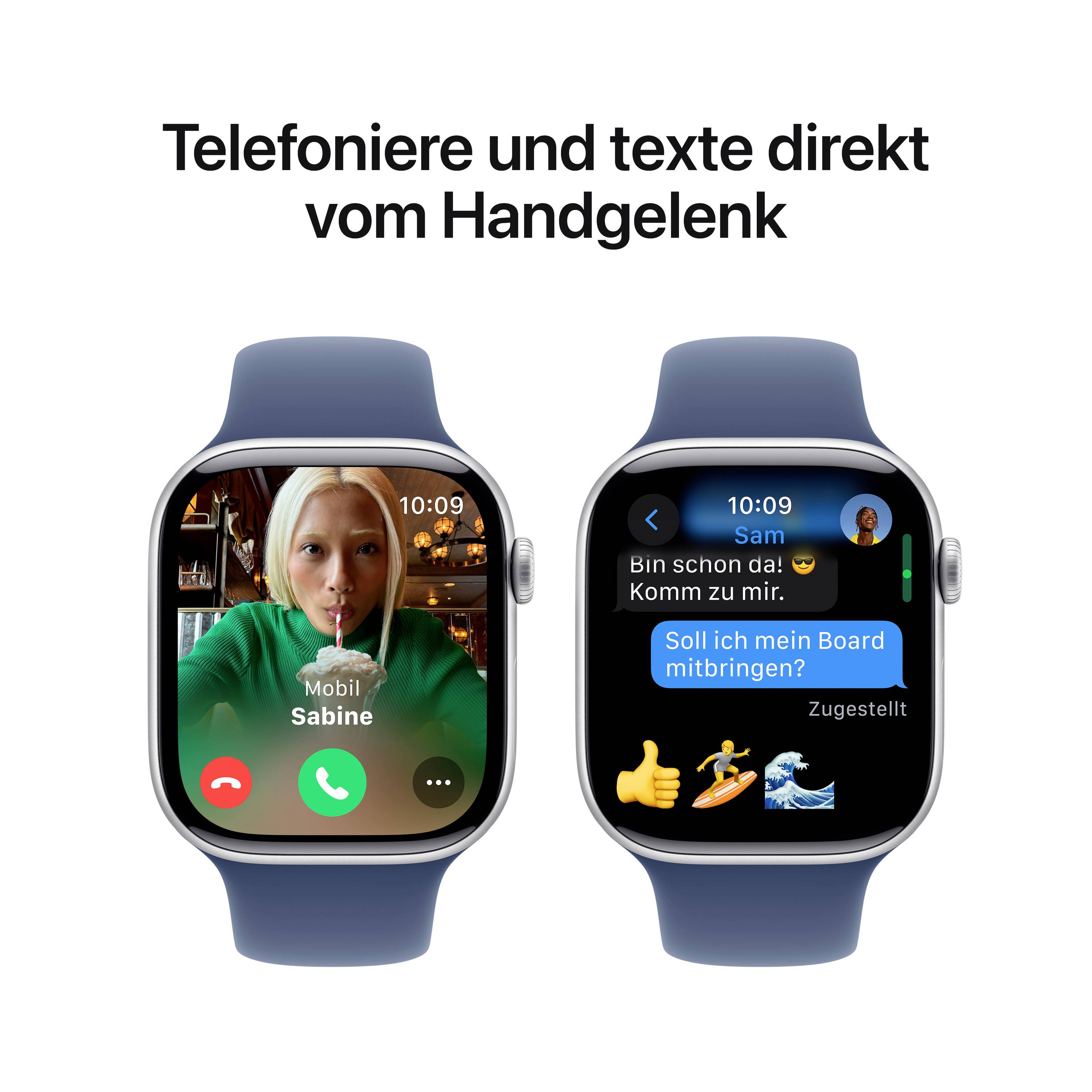 Zwei Smartwatches mit blauen Armbändern. Links zeigt einen Videoanruf mit 'Sabine', rechts eine Textnachricht mit 'Sam'. Oben der Text 'Telefonieren und texte direkt vom Handgelenk'.