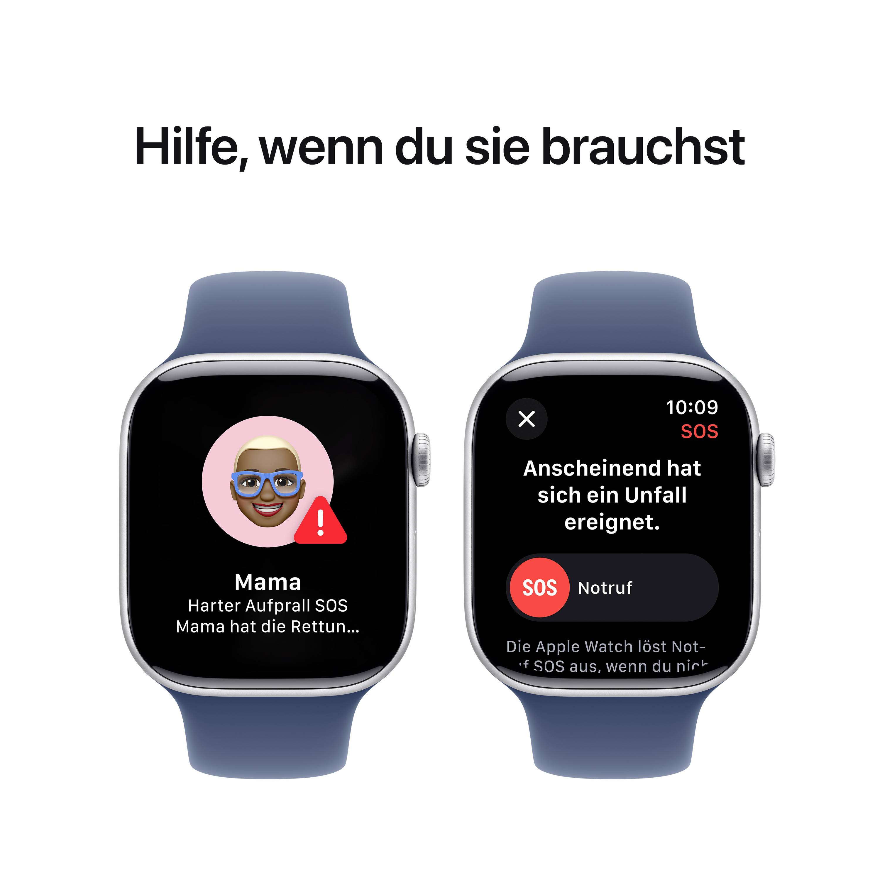 Zwei Smartwatch-Bildschirme zeigen einen SOS-Ruf. Der Text lautet: 'Mama harter Aufprall SOS' und 'Anscheinend hat sich ein Unfall ereignet.'