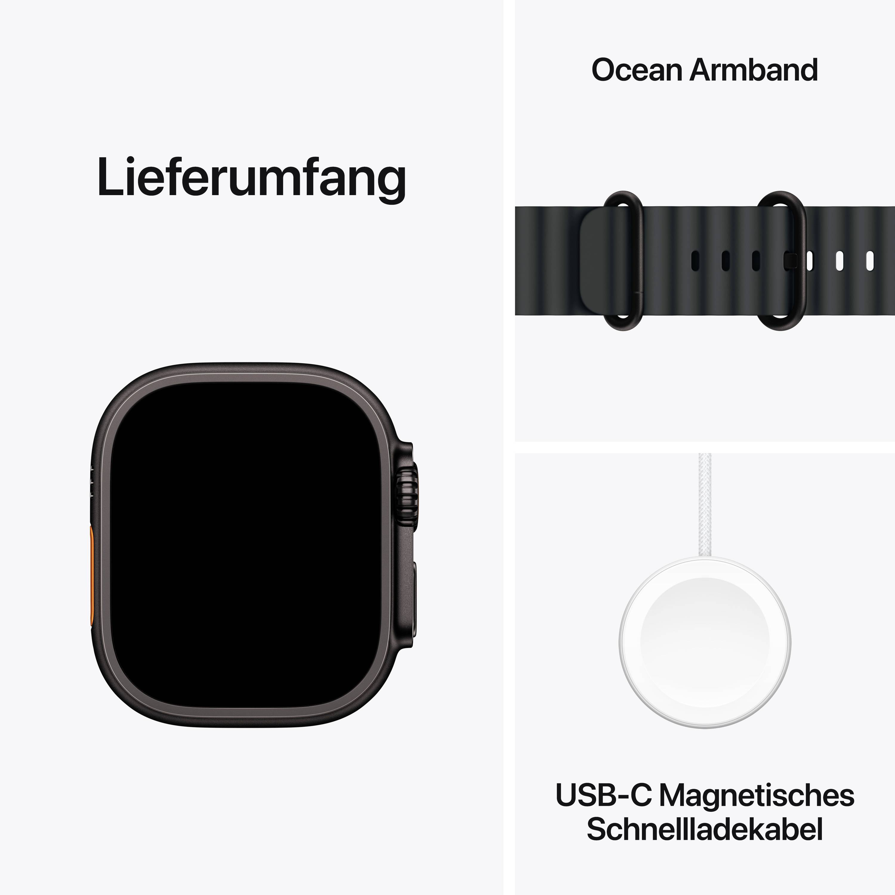 Lieferumfang einer Smartwatch: ein Ocean-Armband, die Uhr selbst, und ein USB-C Magnetladekabel.