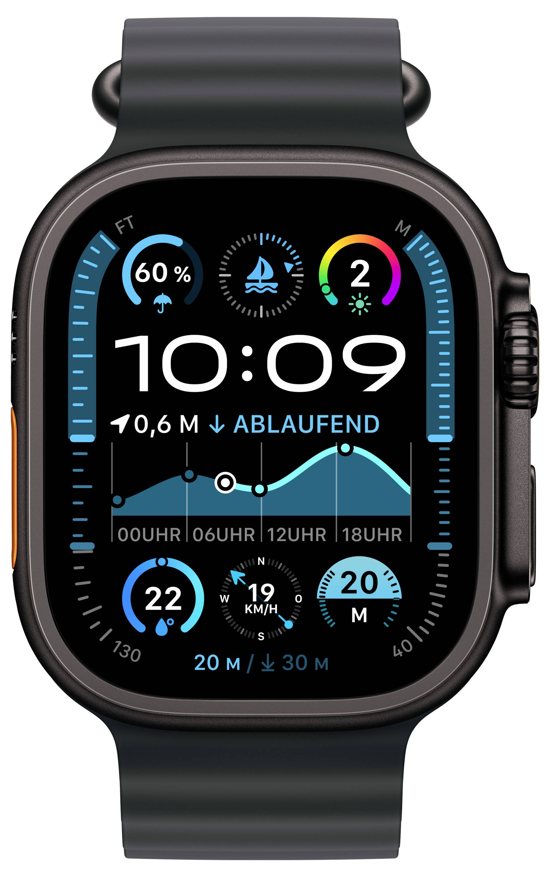 Schwarze Smartwatch mit digitaler Anzeige: aktuelle Uhrzeit 10:09, Ladezustand 60%, Wetter mit Mond- und Wolkensymbol, Höhenprofil und Schritte 22.