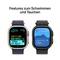 Zwei Smartwatch-Displays zeigen Funktionen für Schwimmen und Tauchen, darunter Zeit, Herzfrequenz, Wassertiefe und Umgebung.