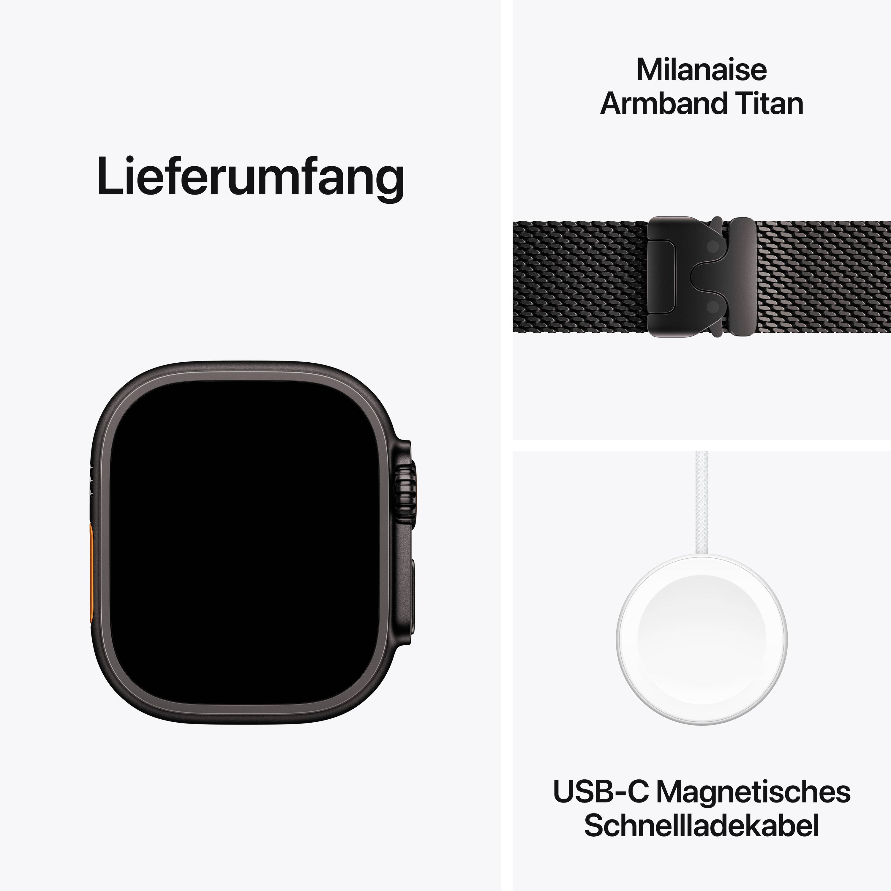 Lieferumfang: Eine Armbanduhr mit einem Milanaise-Armband aus Titan und ein USB-C magnetisches Schnellladekabel.