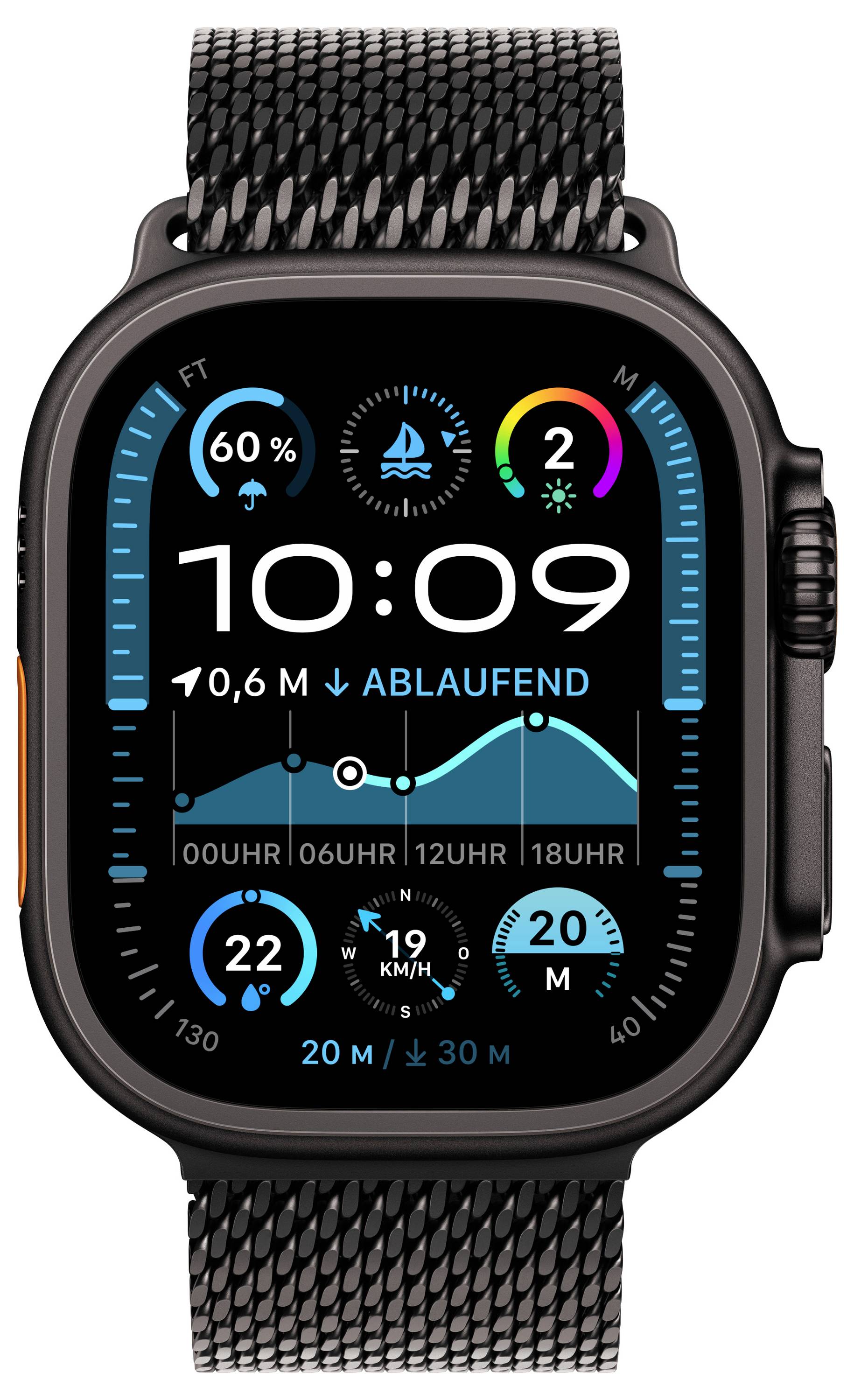 Smartwatch-Anzeige mit einer Fitness-App. Große digitale Uhrzeit '10:09', verschiedene Aktivitätsringe und ein Diagramm zur Höhenänderung.