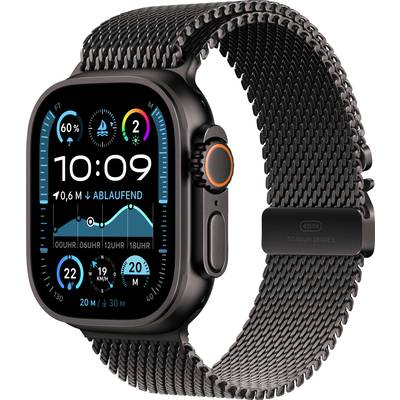 Eine Smartwatch mit schwarzem Metallarmband zeigt auf dem Display Uhrzeit, Wetterinformationen und Fitnessdaten wie Schritte und Herzfrequenz an.